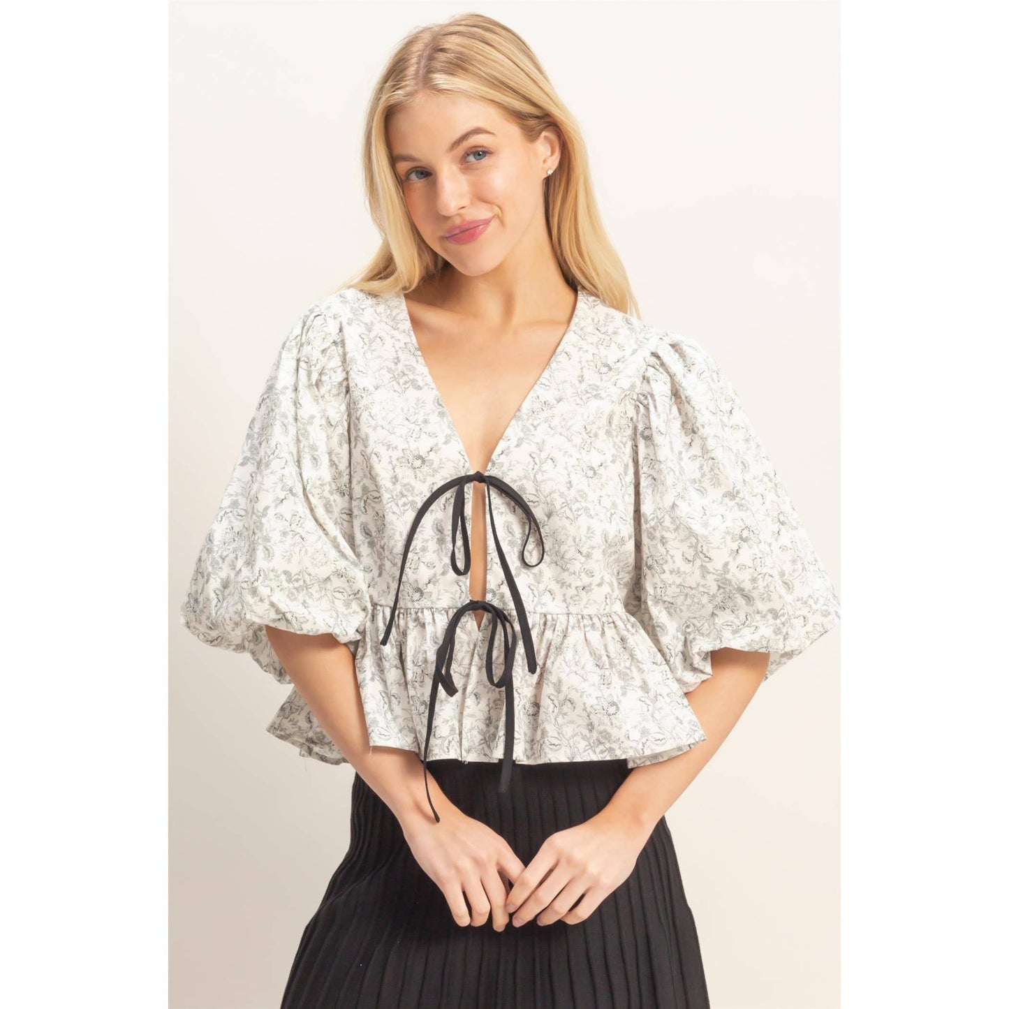 HYFVE -Floral Tie-Front Peplum Top