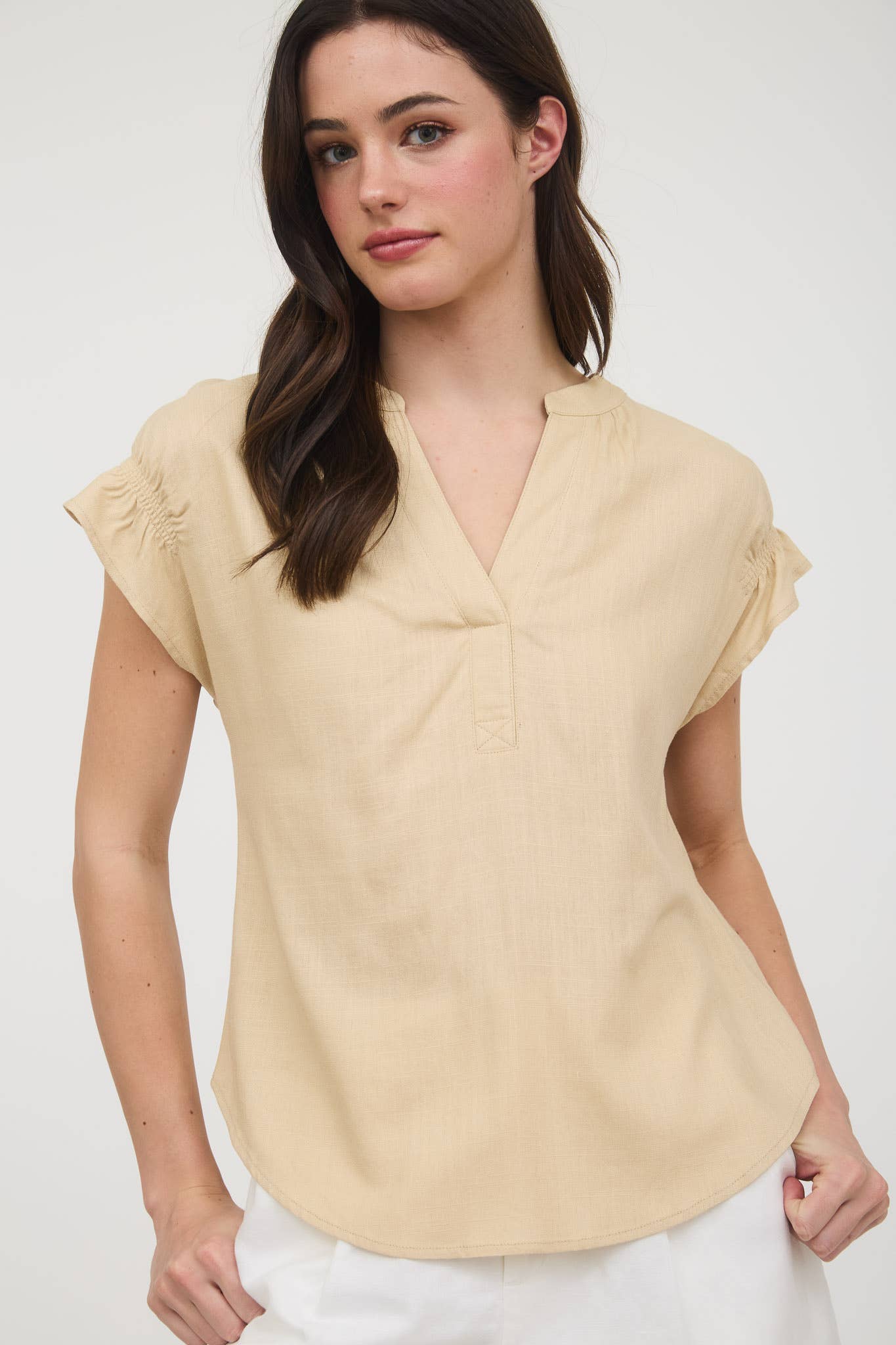 Blu Pepper The Split Neck Ruched Linen Blouse