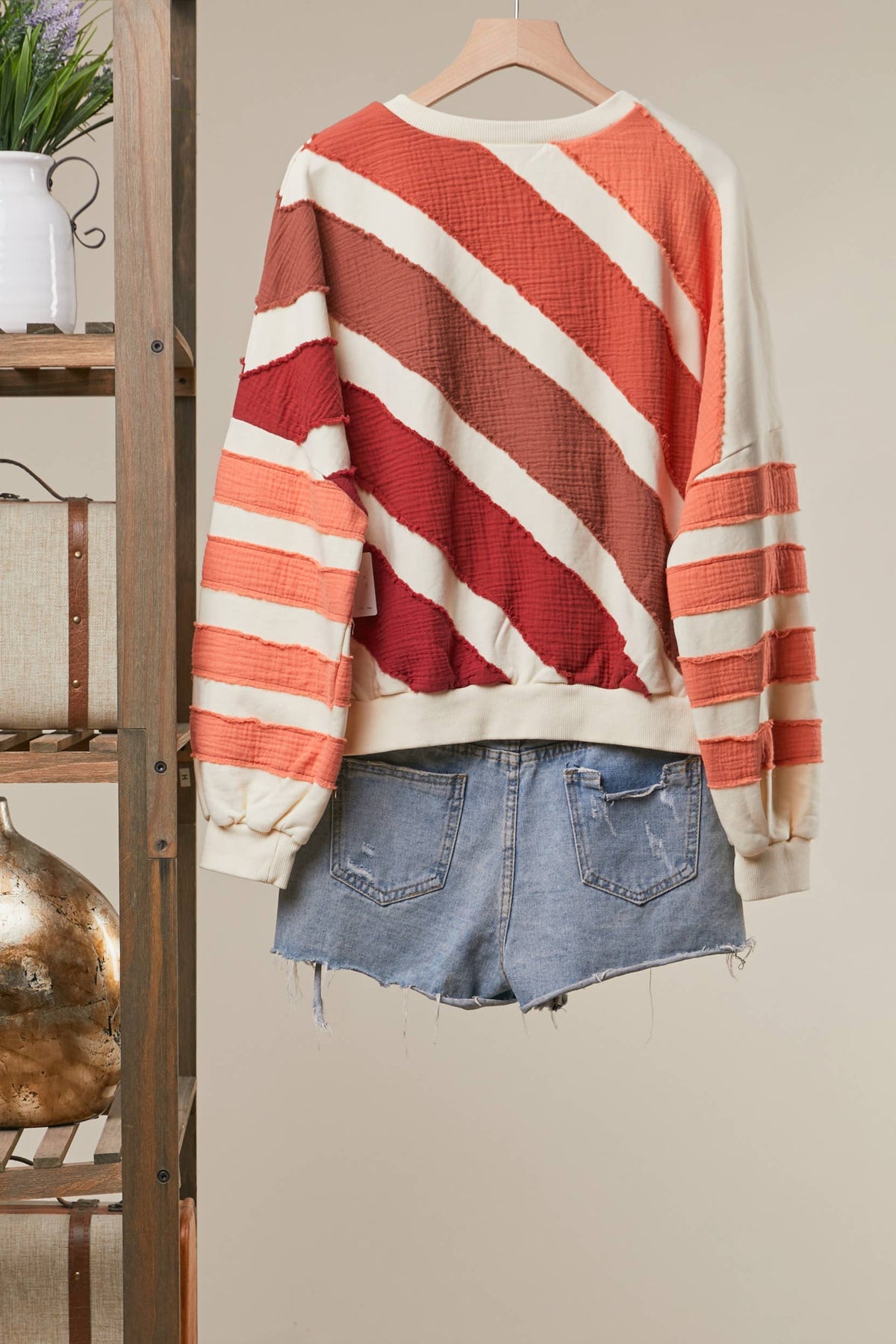 Mello. Rust Colorblock Textured Stripe Pullover Top