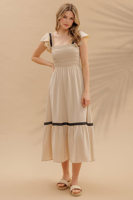 FINAL SALE- CONTRAST DETAIL SMOCKED RUFFLE MIDI DRESS 926 WEST