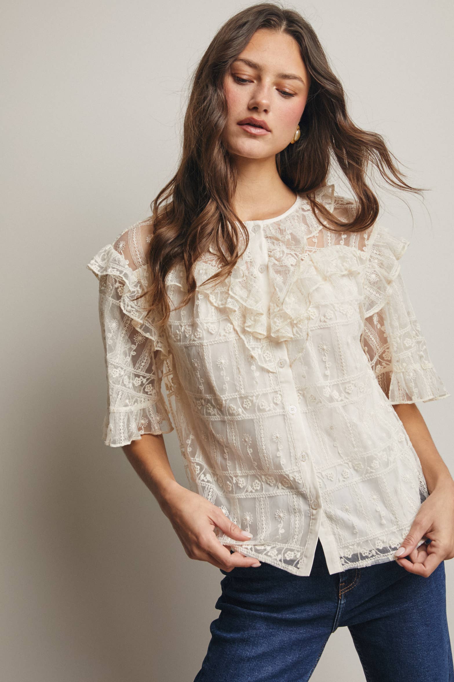 Embroidered Ruffle Lace Blouse - 926 West