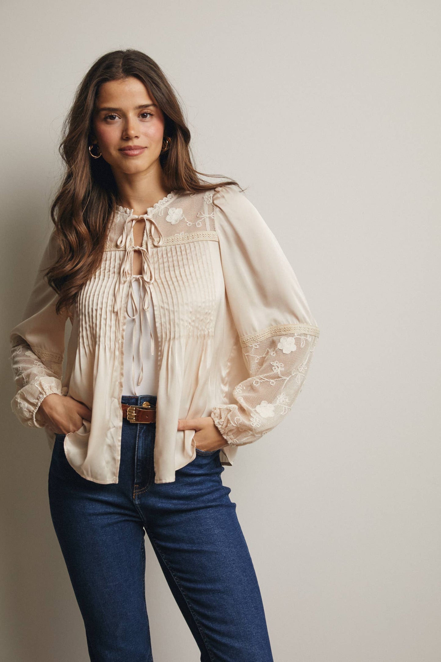 Embroidered Lace Tie-Front Blouse - 926 West