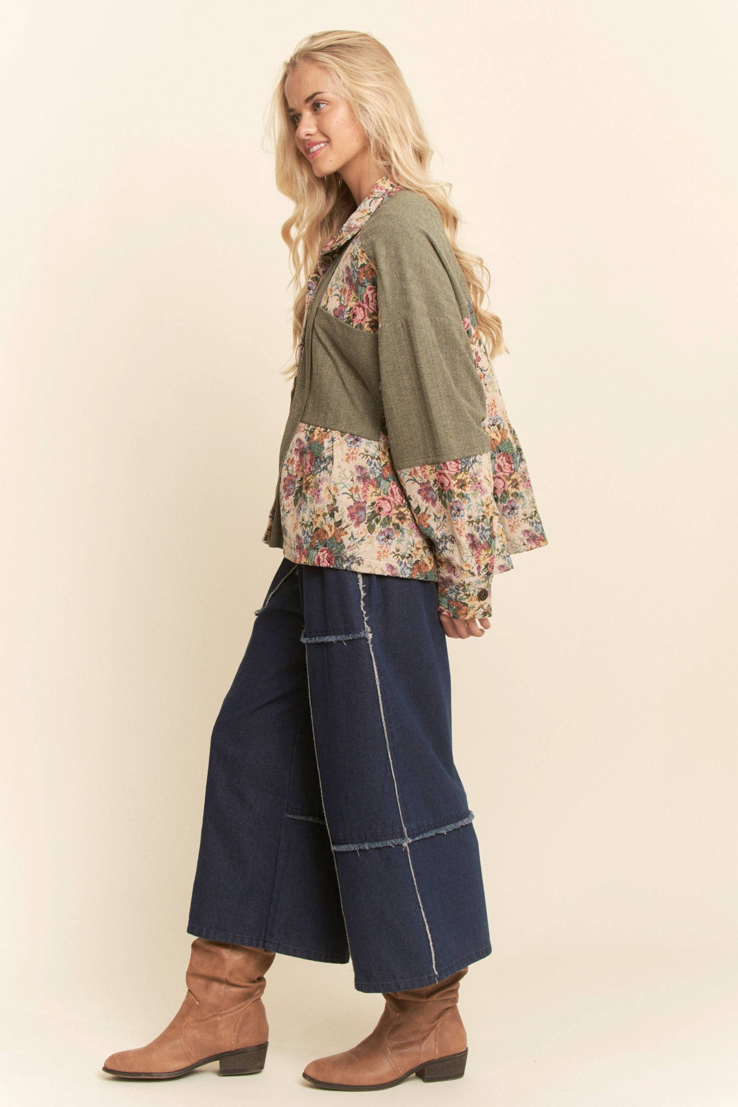 GARDEN KNIT BLOCKED BUTTON FRONT PEPLUM SHIRT