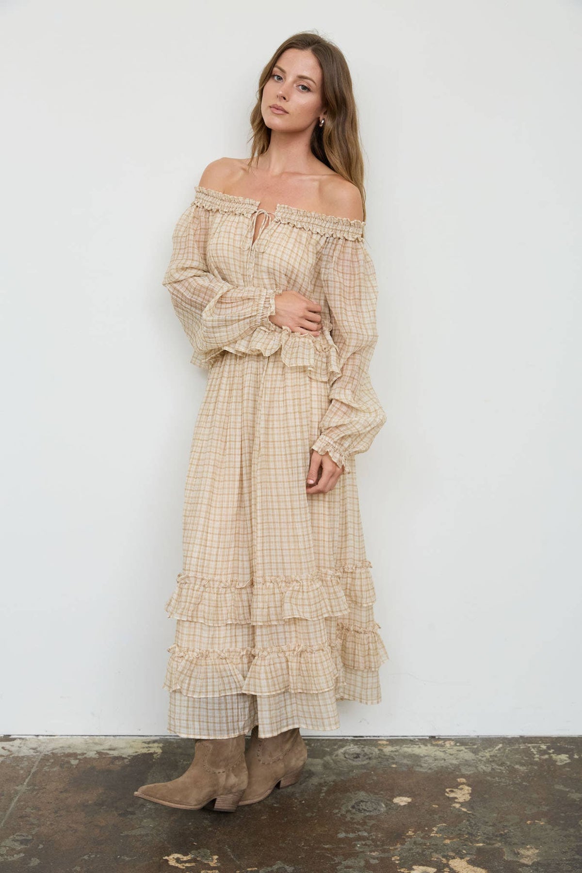Khaki Plaid Ruffled Tiered Midi Skirt