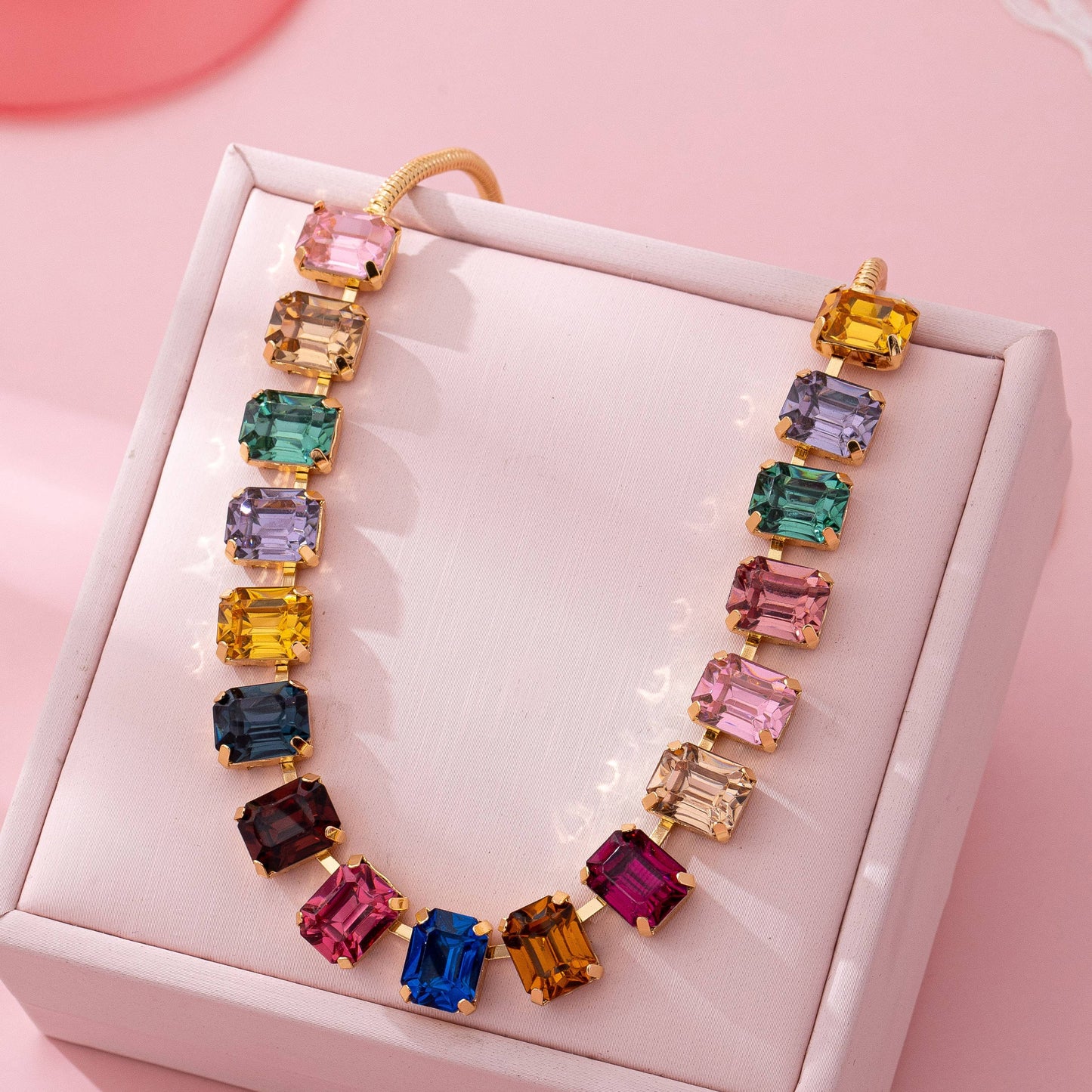 Rainbow Emerald-Cut Gemstone Statement Necklace