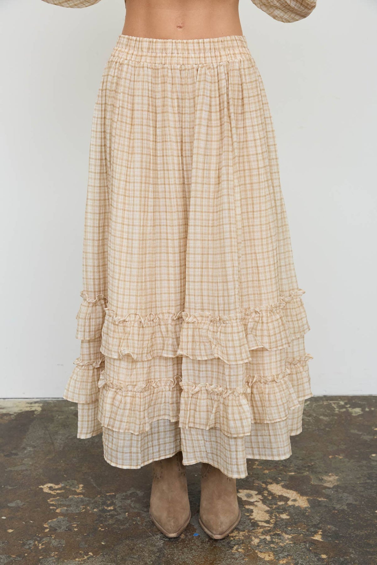 Khaki Plaid Ruffled Tiered Midi Skirt