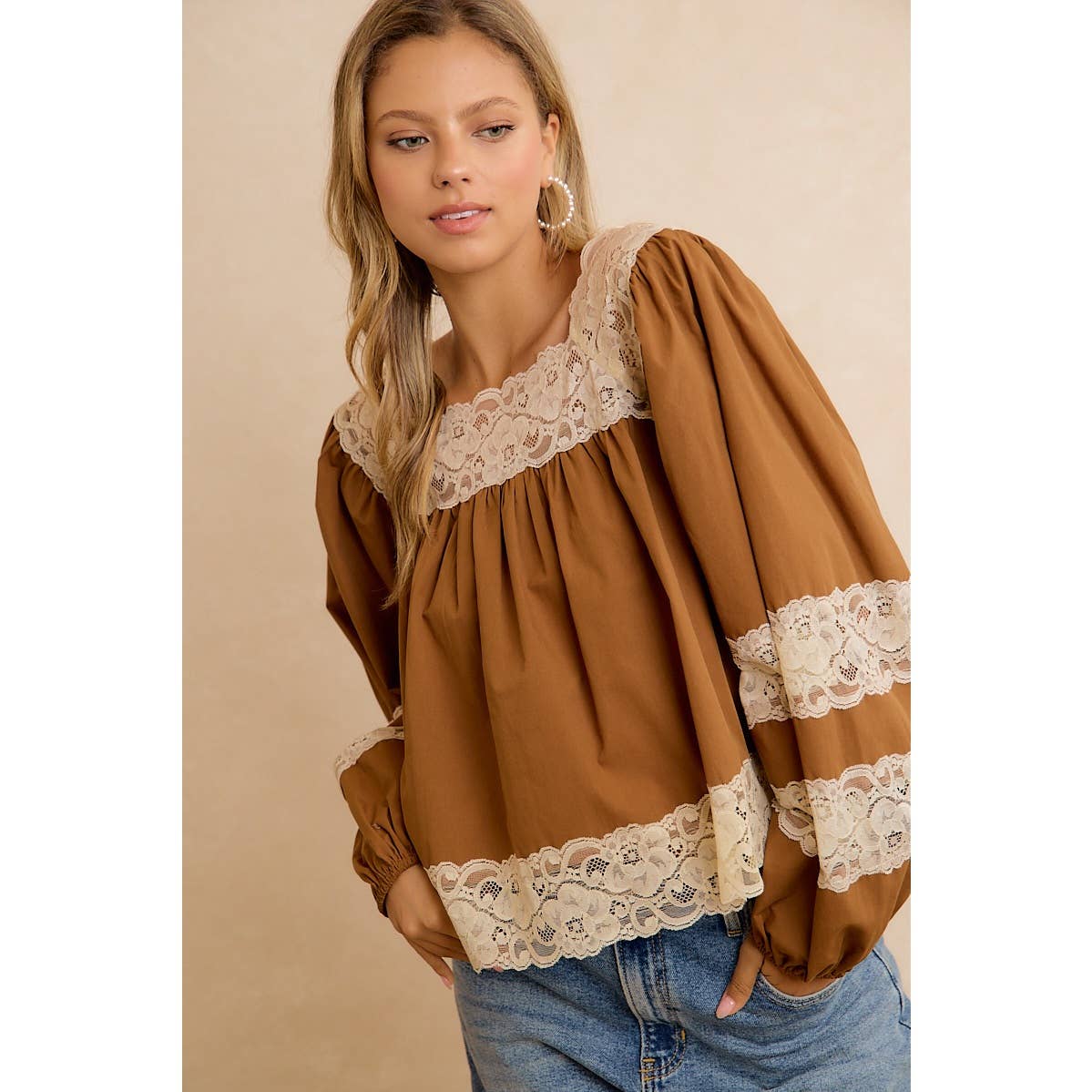 BiBi Camel Lace-Trim Balloon Sleeve Blouse