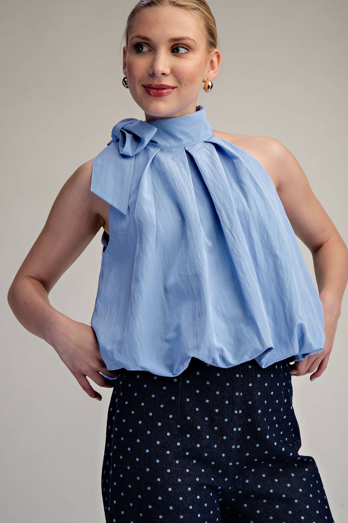 GLAM - High Neck Tie Wrap Balloon Sleeveless Top