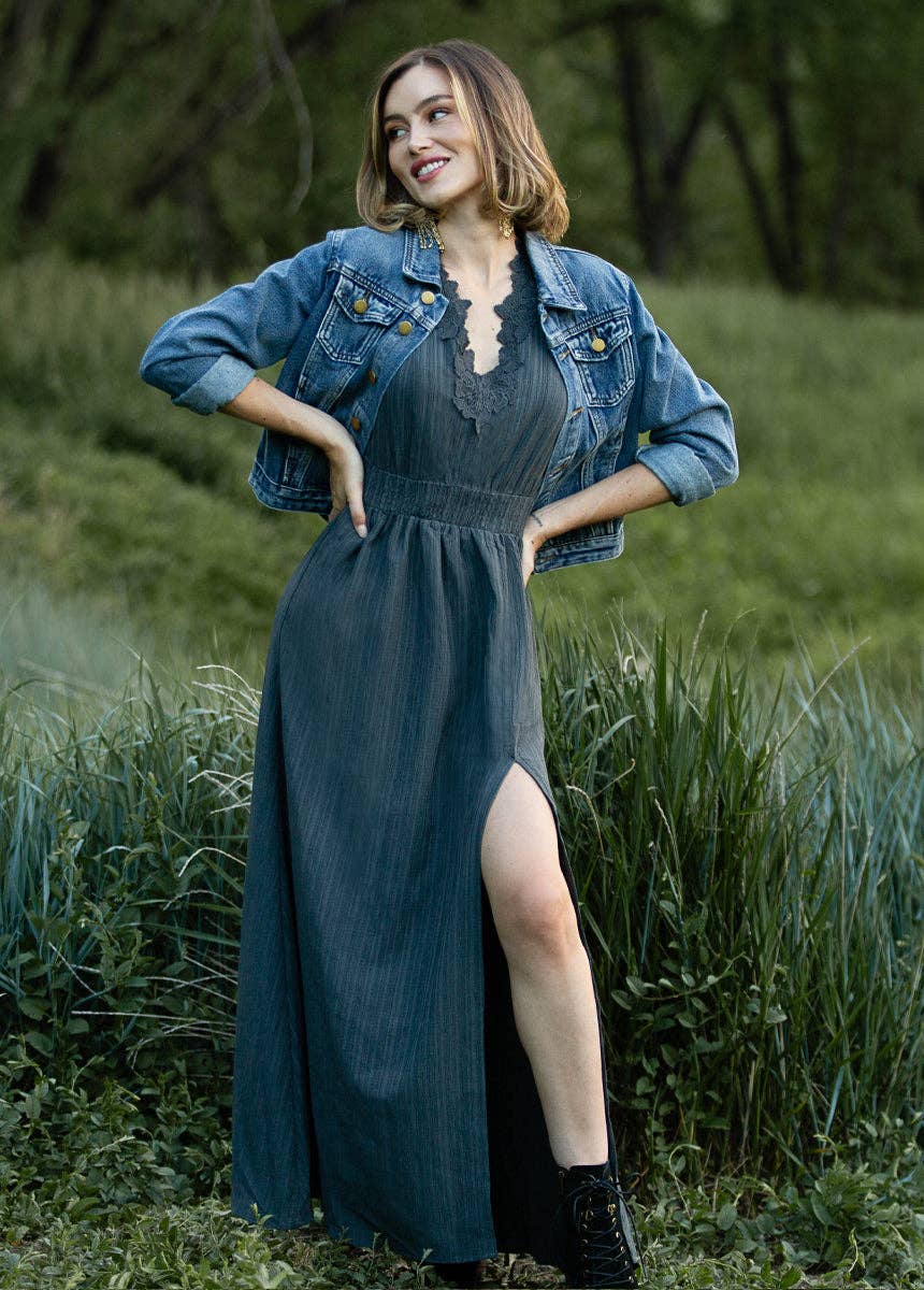 Zoie Maxi Dress in Slate | Open Back V-Neck