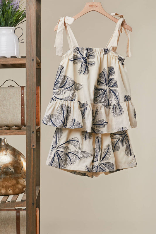 Mello - Floral Print Tie-Shoulder Tiered Top & Bottom- (Set)