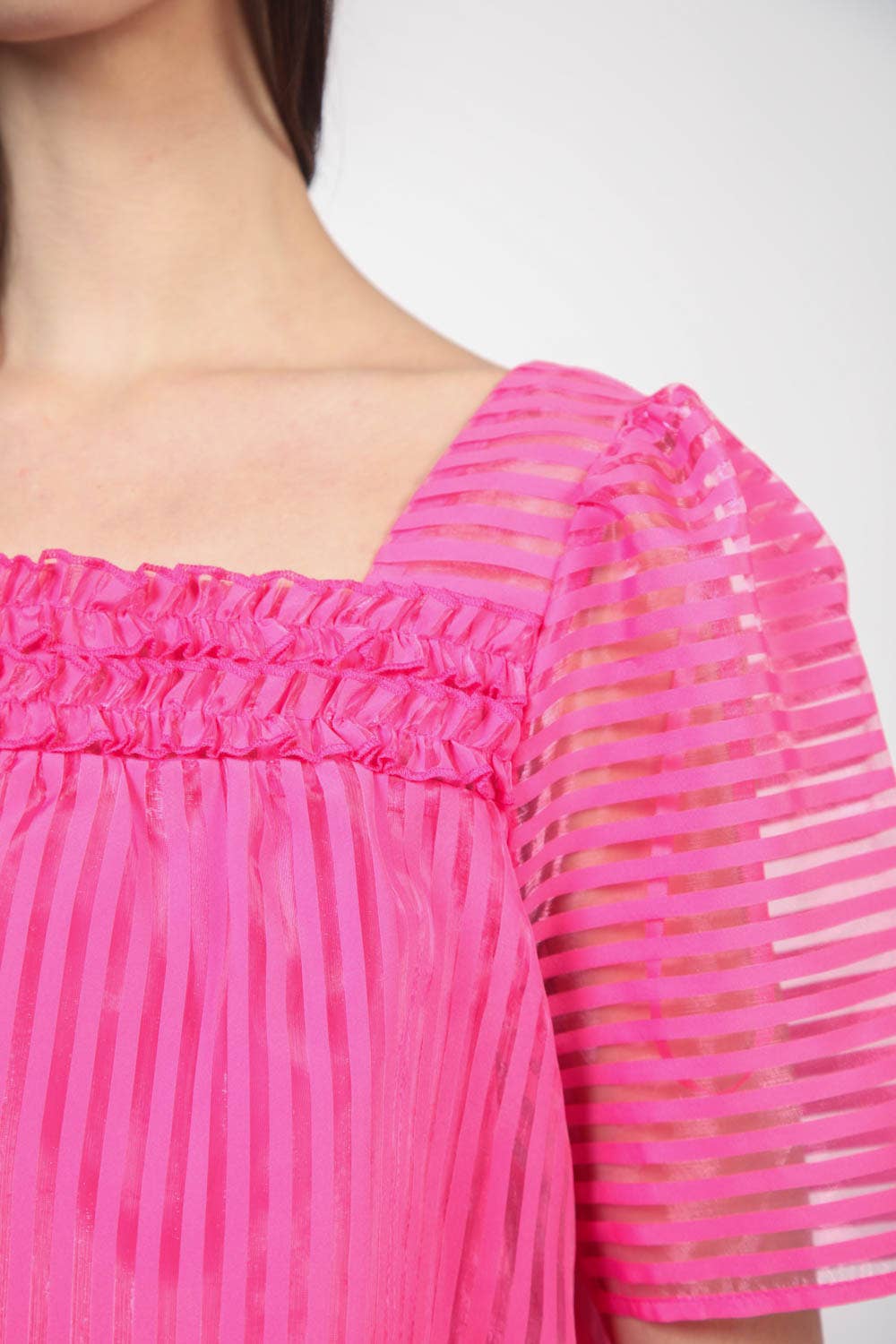 VERY J - Puff Sleeve Organza Stripe Sheer Blouse Top - 926 West