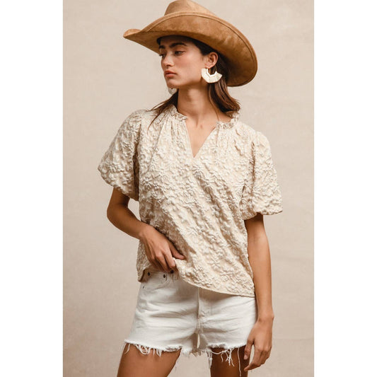 Floral Texture Balloon Sleeve V-Neck Top