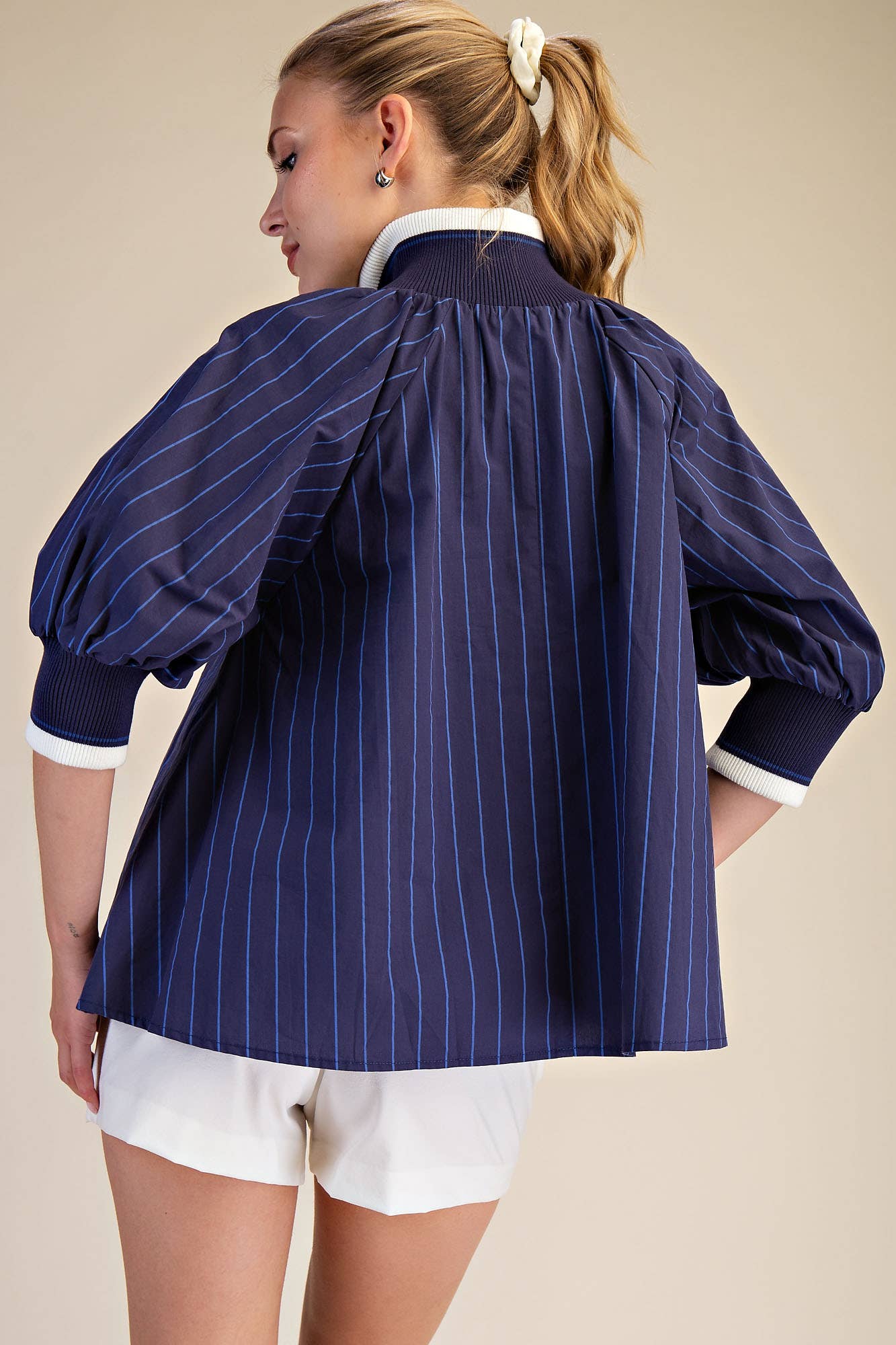 GLAM - Mock Neck Band Puff Sleeve Blouse