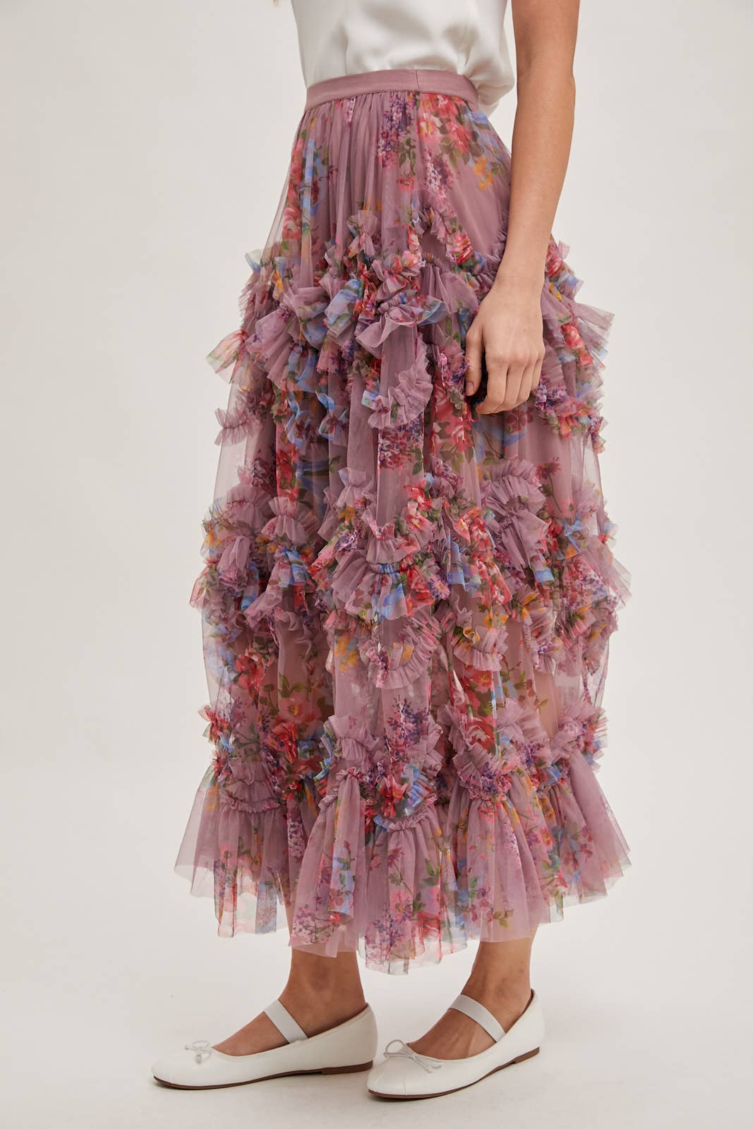 FLORAL RUFFLED MESH MIDI SKIRT Bluivy