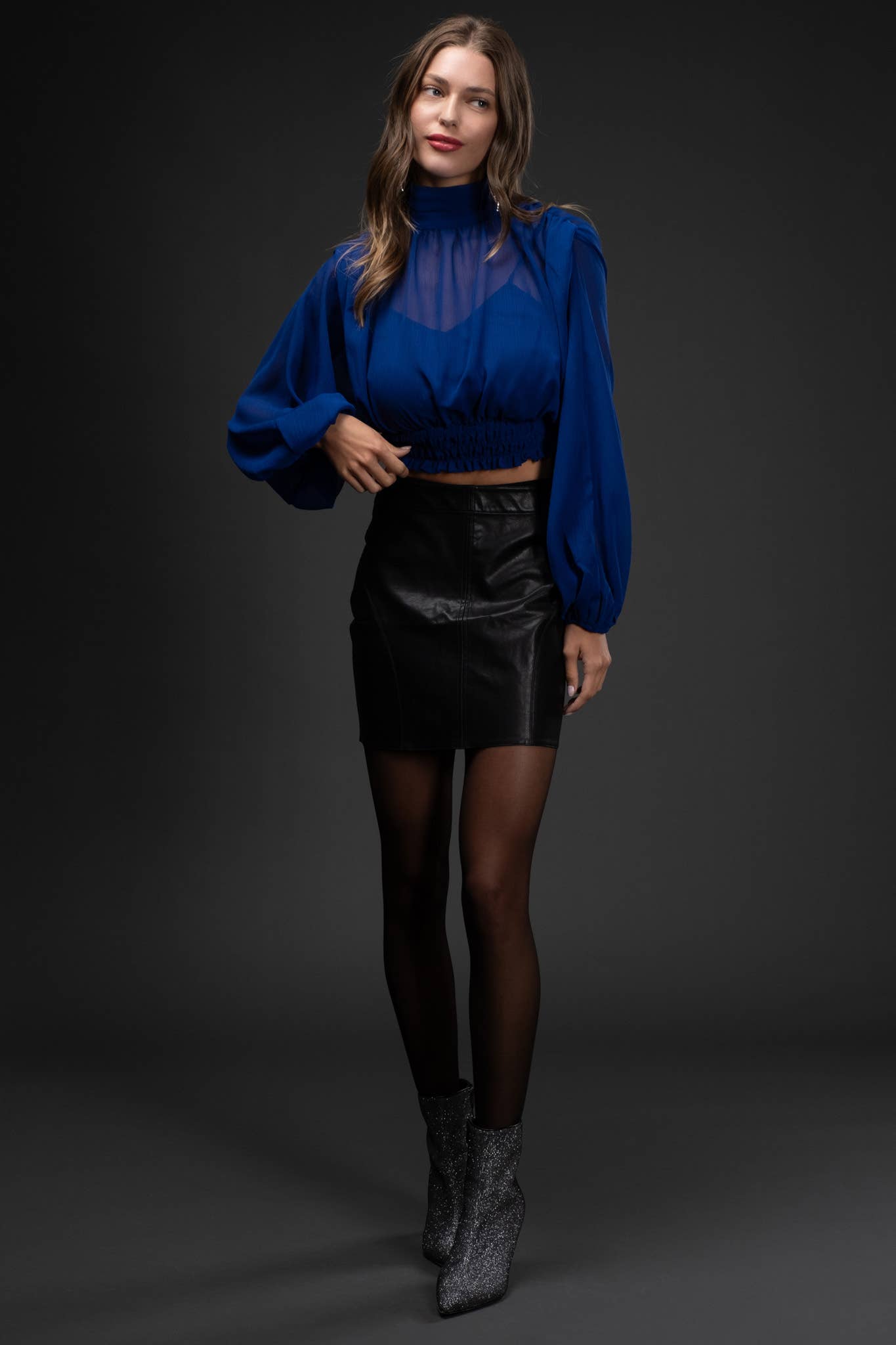 SHEER LONG SLEEVE SHIRRED CROPPED TOP 926 WEST