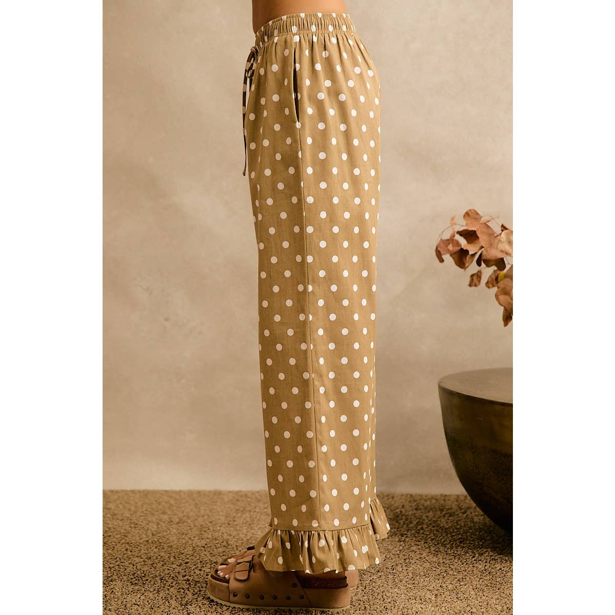 Polka Dot Print Elastic Waist Ruffle Pants