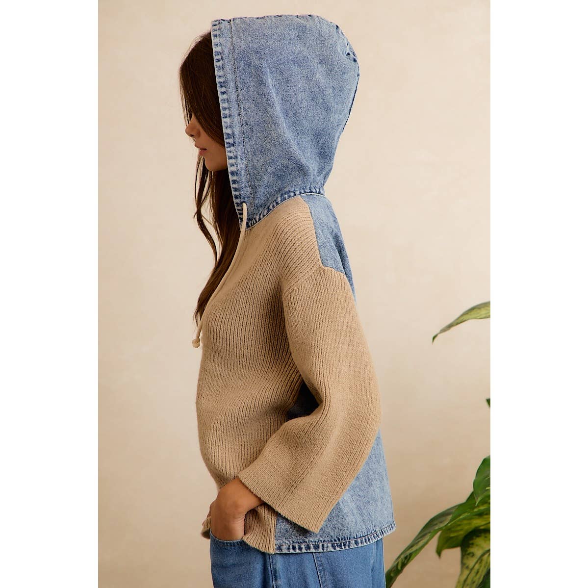 Denim Contrast Hooded Knit Pullover Top