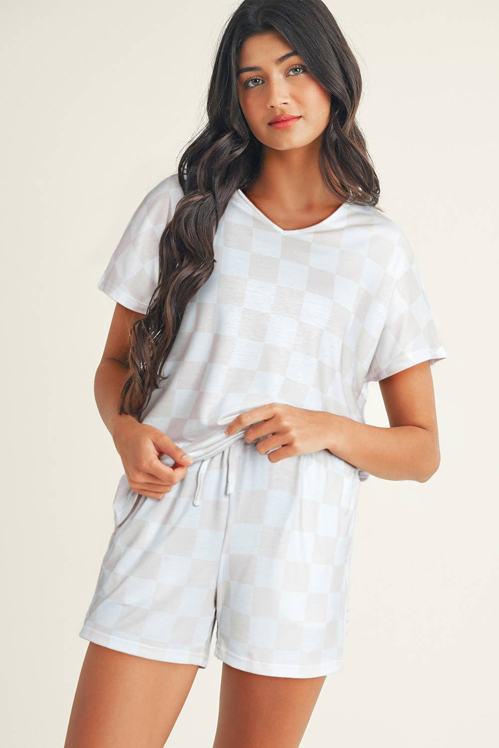 Checkered V Neck Tee Drawstring Shorts Lounge Set Little Daisy Closet