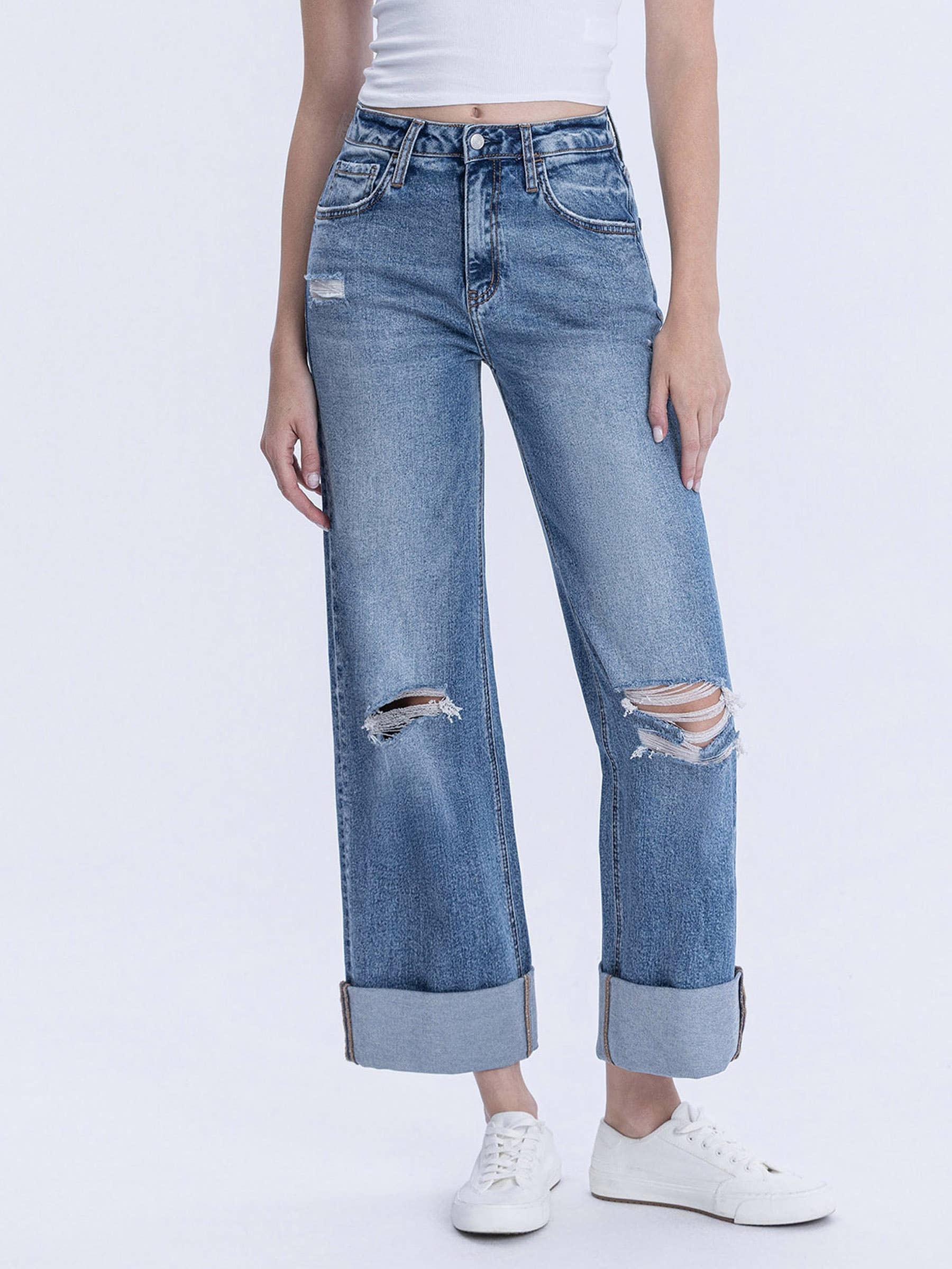 SUPER HIGH RISE DOUBLE CUFFED BAGGY WIDE JEANS LV1459 Lovervet by VERVET