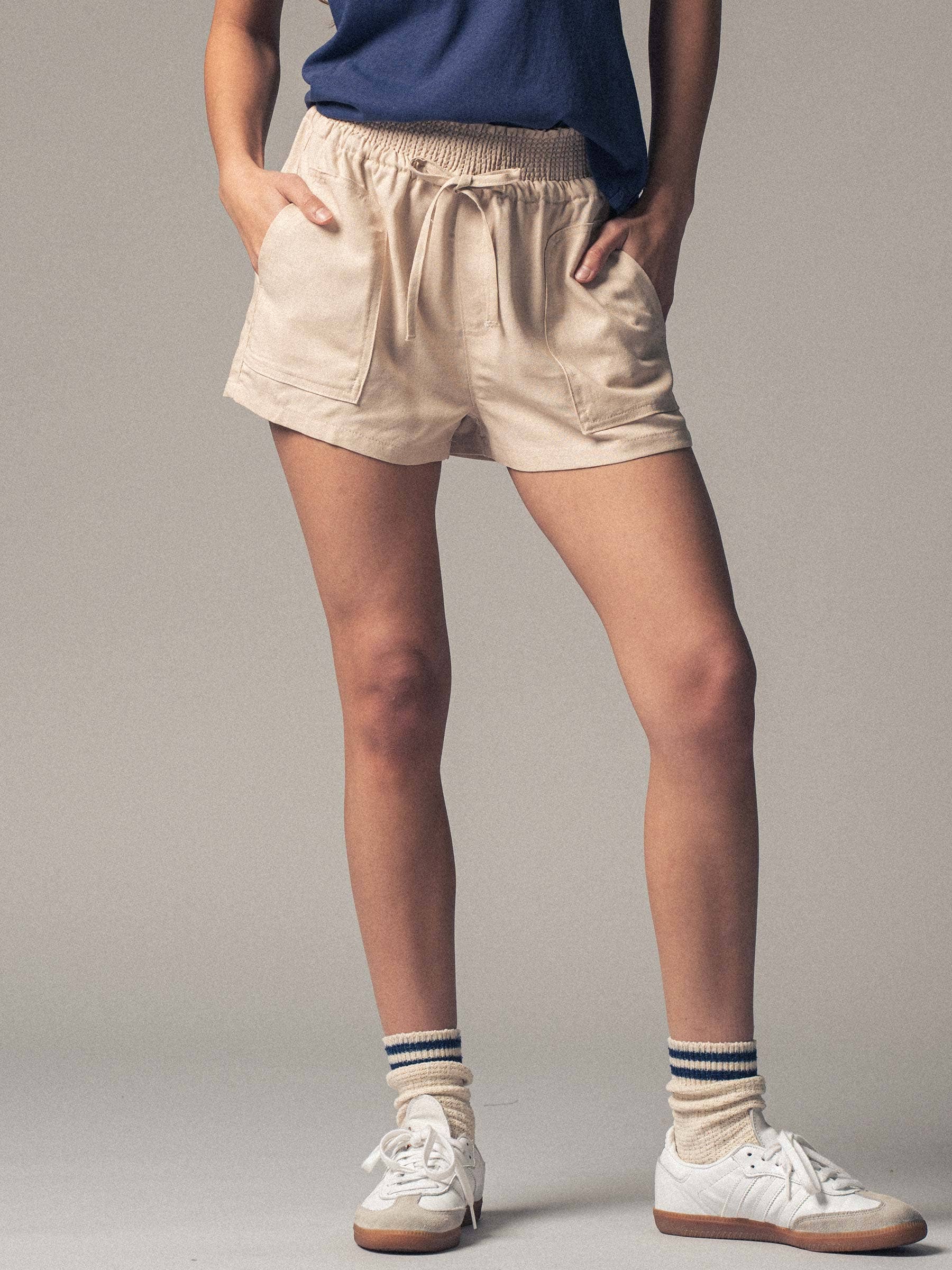 Junior Smocked Waist Linen Blend Shorts 926 WEST