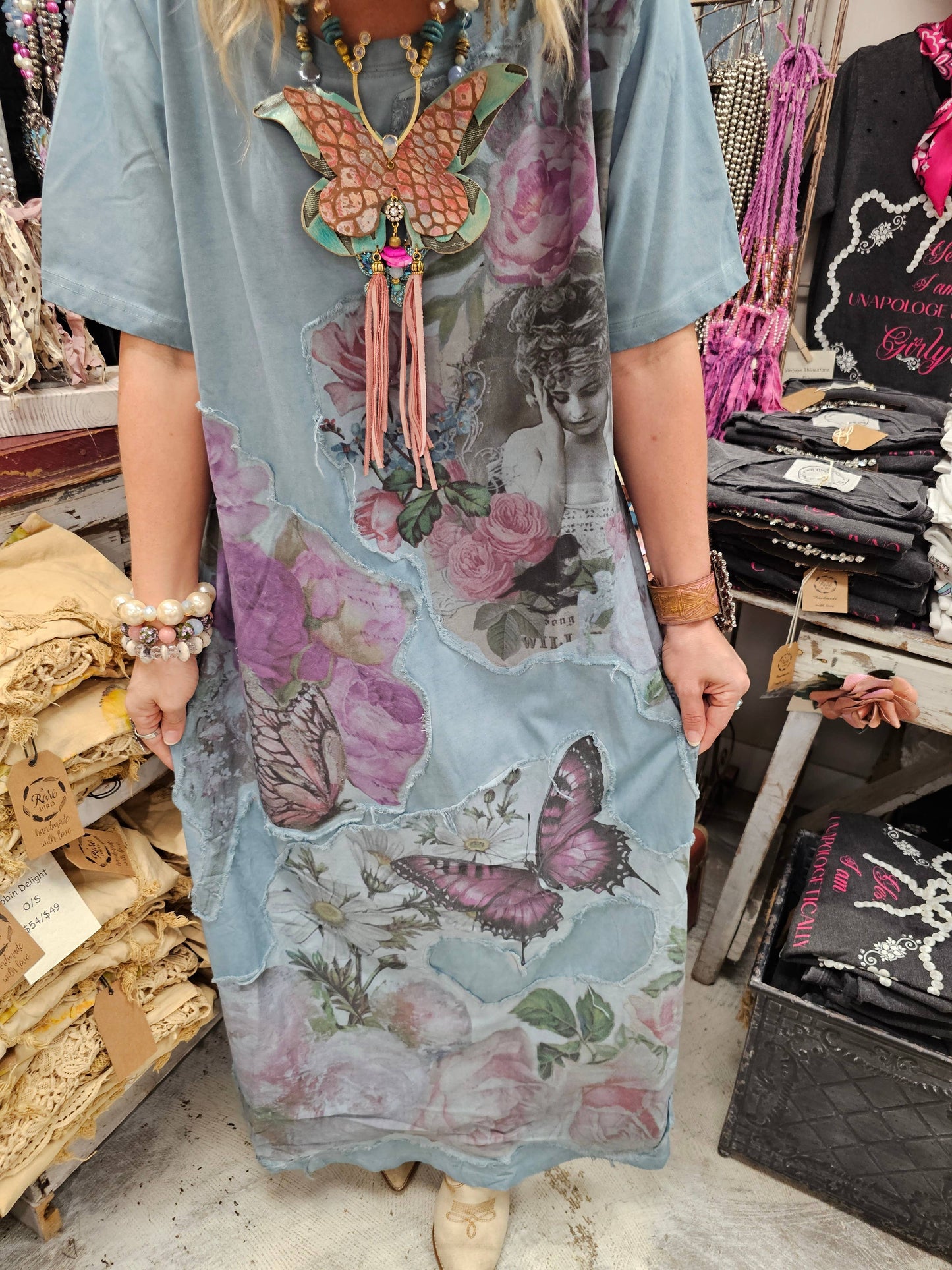 A Rare Bird - Blue Butterfly T-shirt Dress - One Size -Oversized