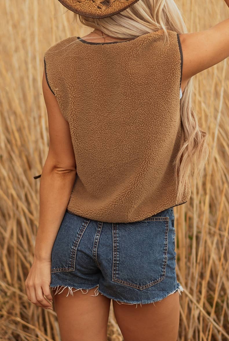 Contrast Trim Tie Front Sherpa Vest FULL TIME PURCHASE