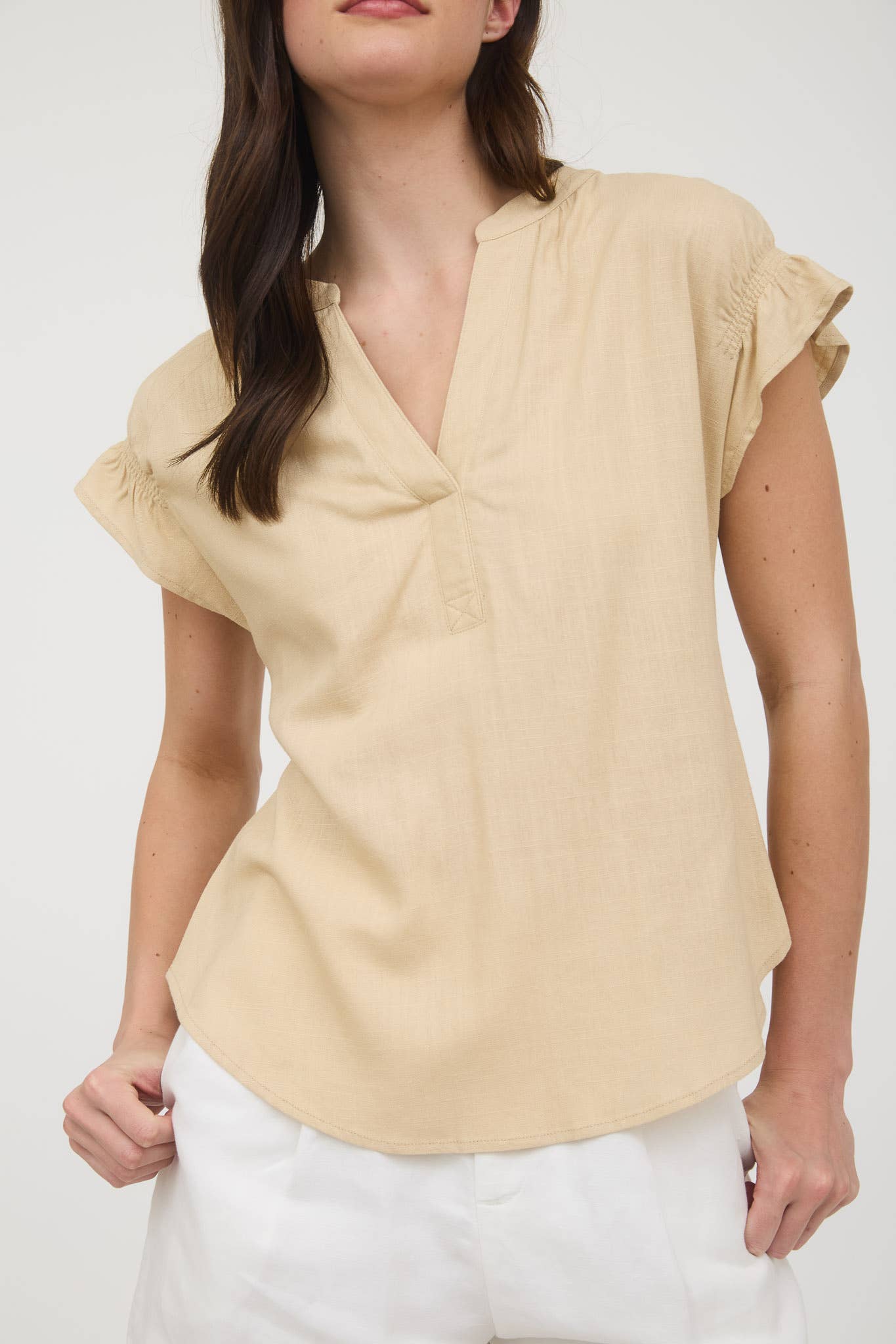 Blu Pepper The Split Neck Ruched Linen Blouse