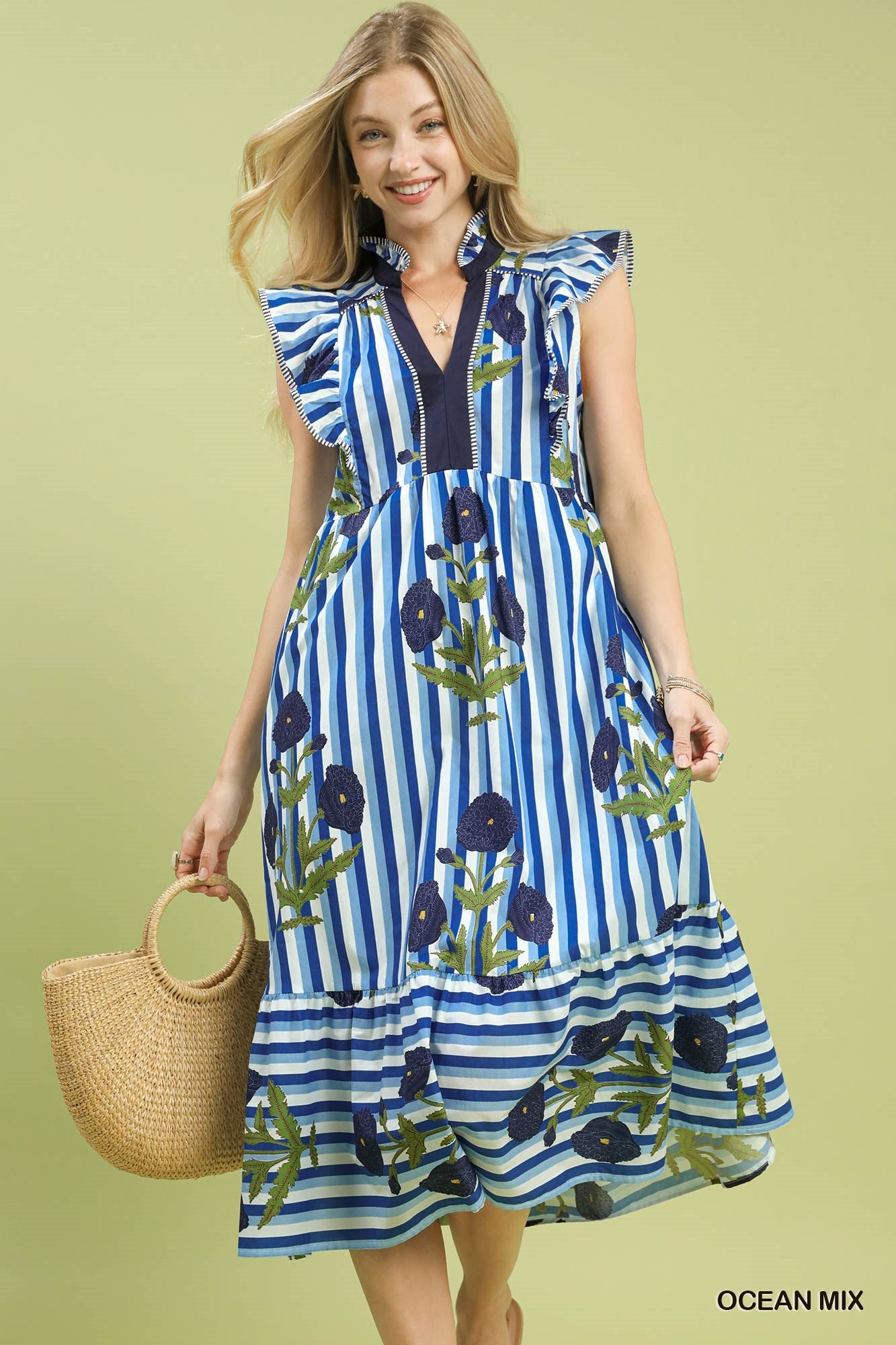 UMGEE Mix Striped Floral Midi Dress