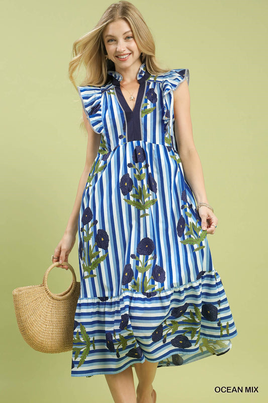 UMGEE Mix Striped Floral Midi Dress