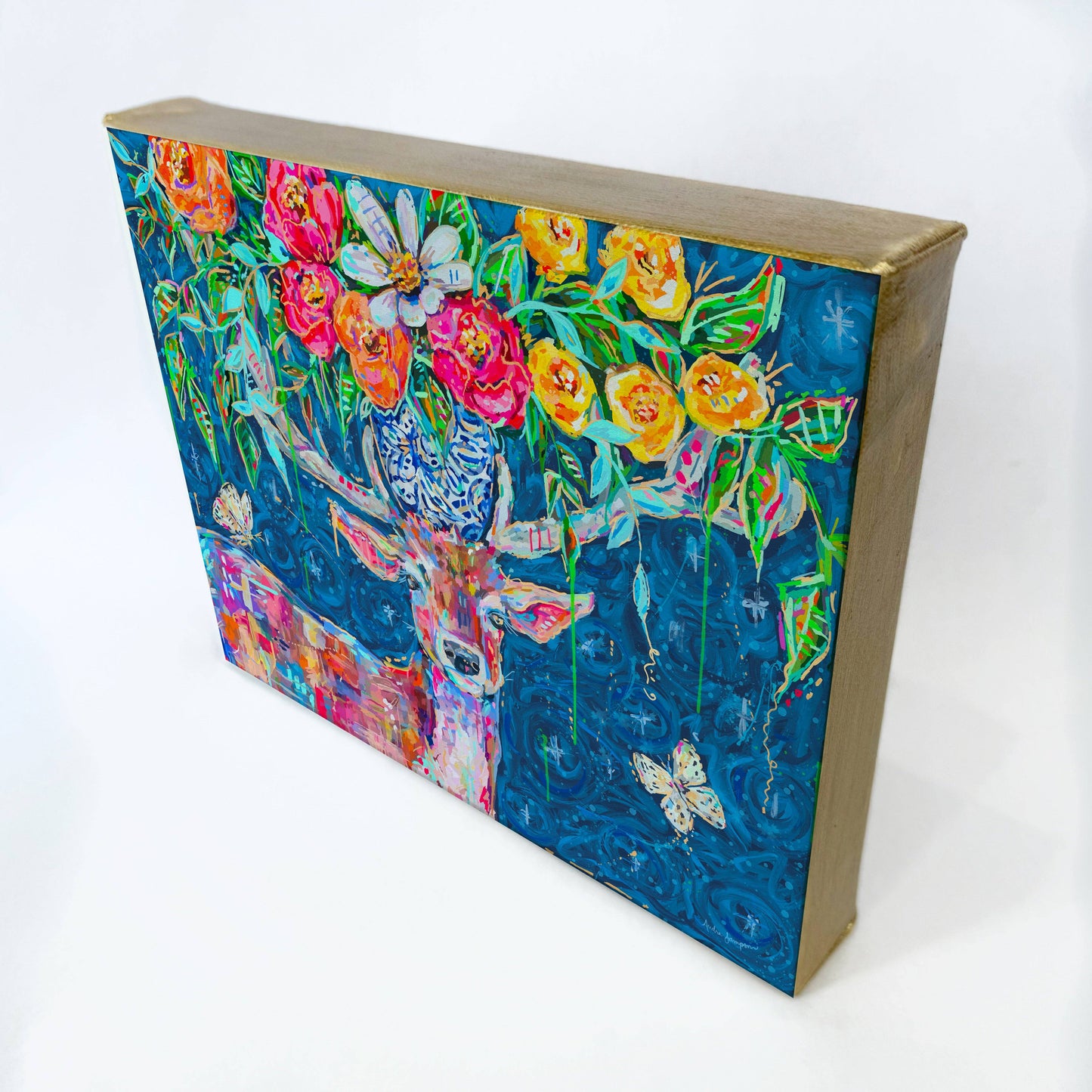 Deer and Bouquet Gallery Wrapped Canvas - Floral Art Painting Audra Style