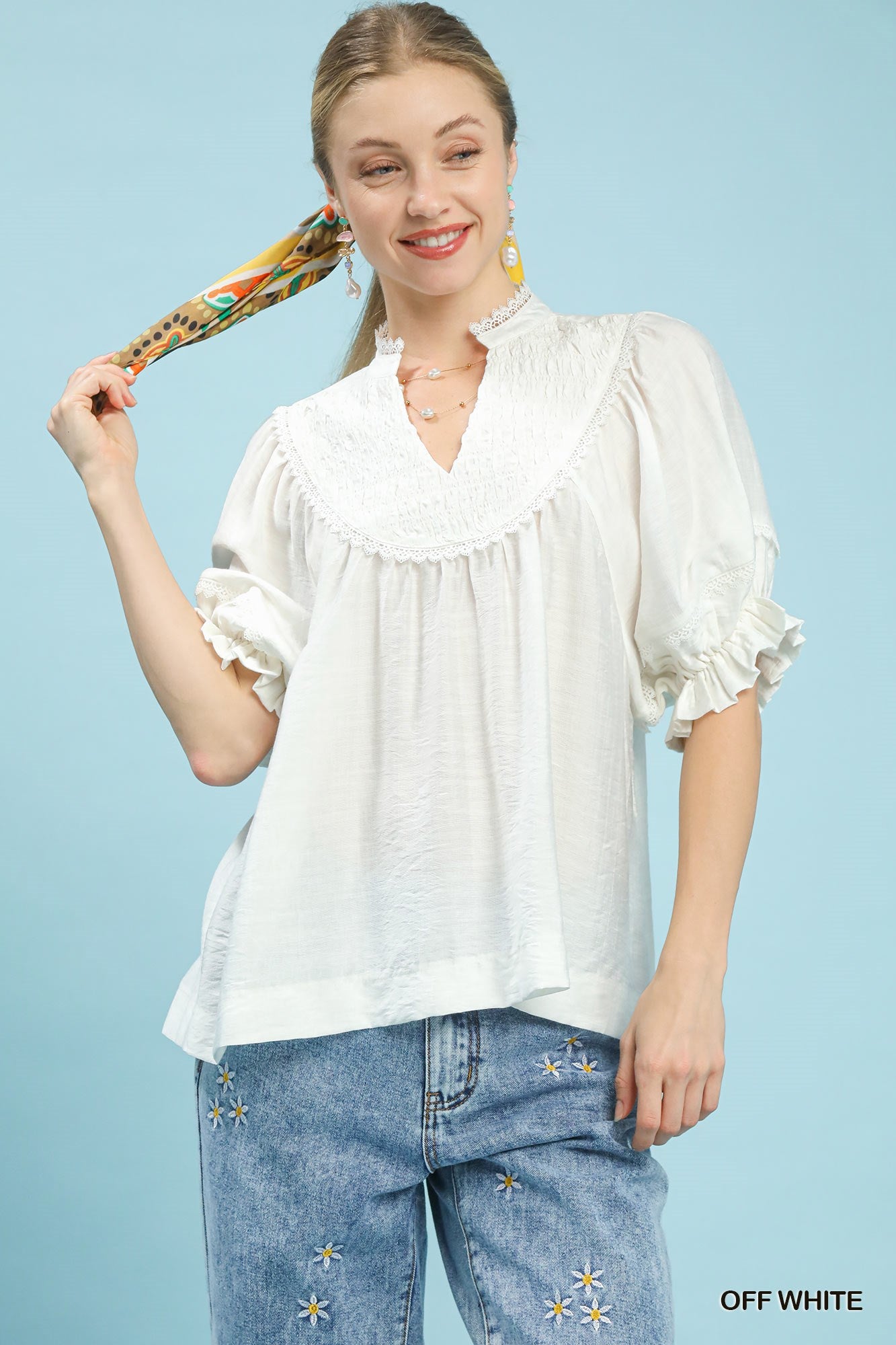 UMGEE Smocked Yoke Blouse with Ruffle Sleeves