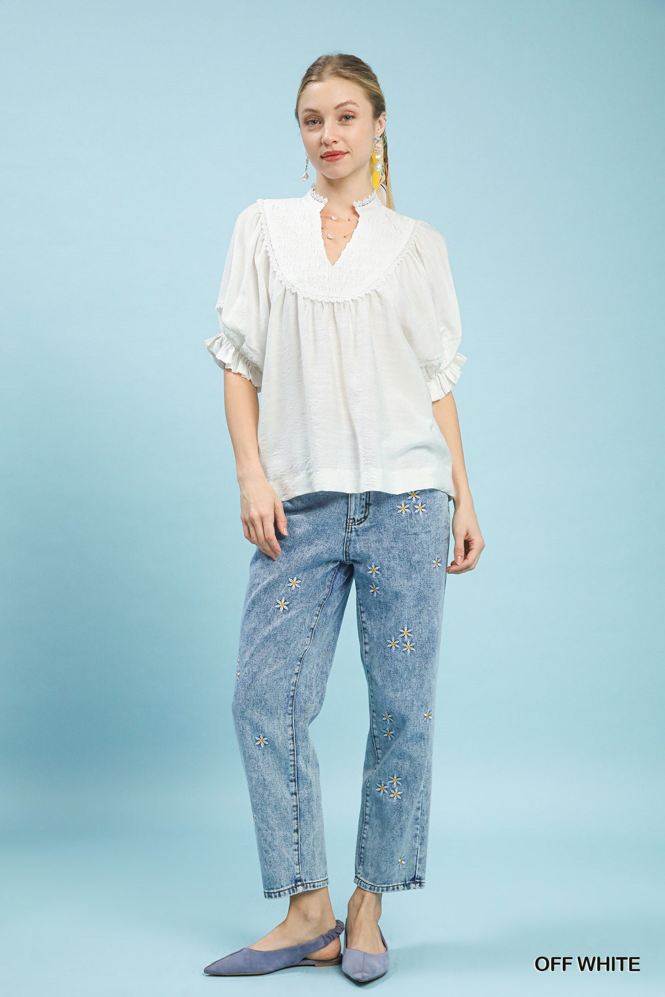 UMGEE Smocked Yoke Blouse with Ruffle Sleeves