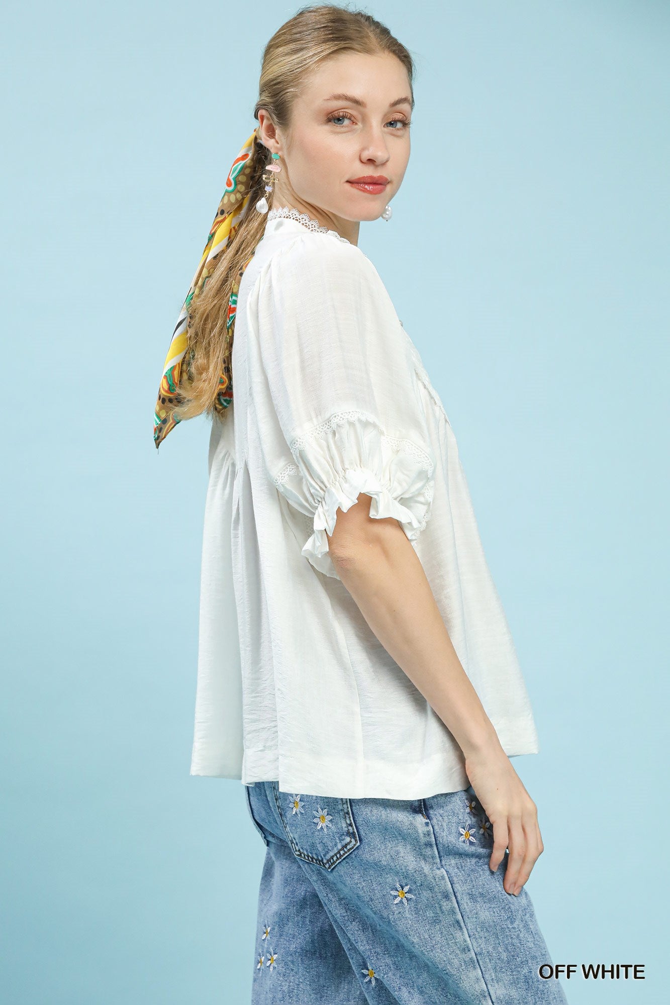 UMGEE Smocked Yoke Blouse with Ruffle Sleeves