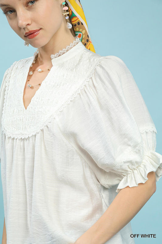 UMGEE Smocked Yoke Blouse with Ruffle Sleeves