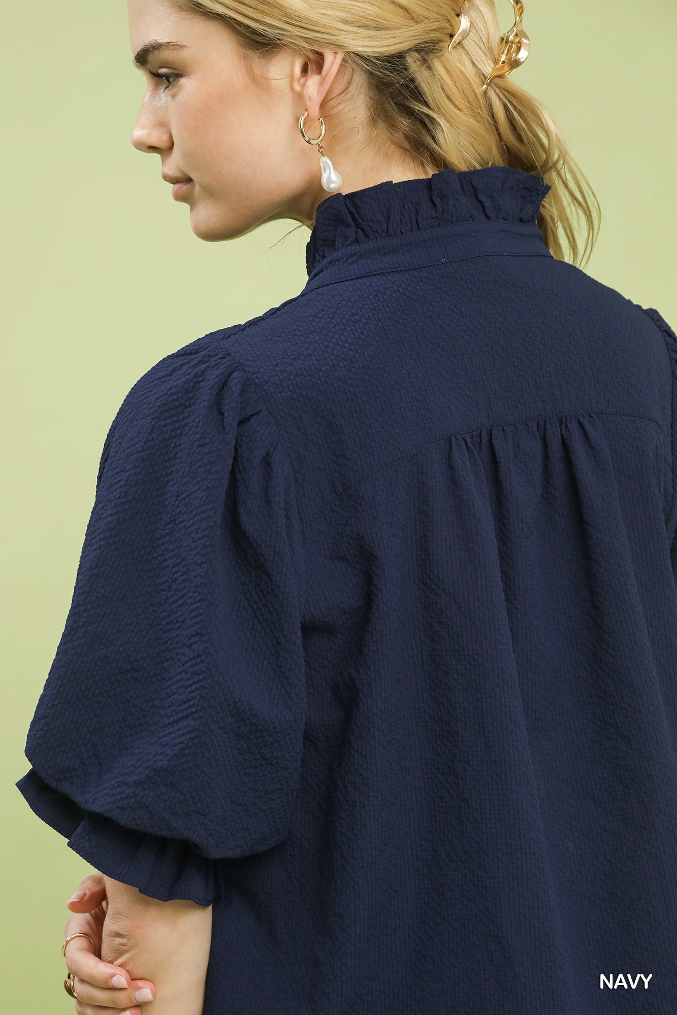 UNGEE - Textured Smocked Yoke Split-Neck Top