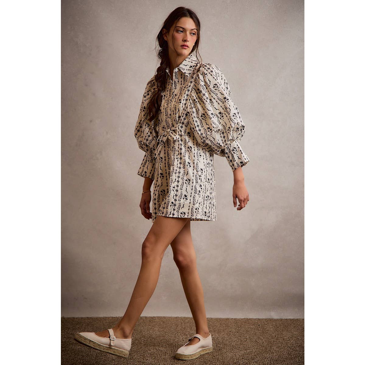 Cream Floral Puff-Sleeve Tie-Waist Mini Dress