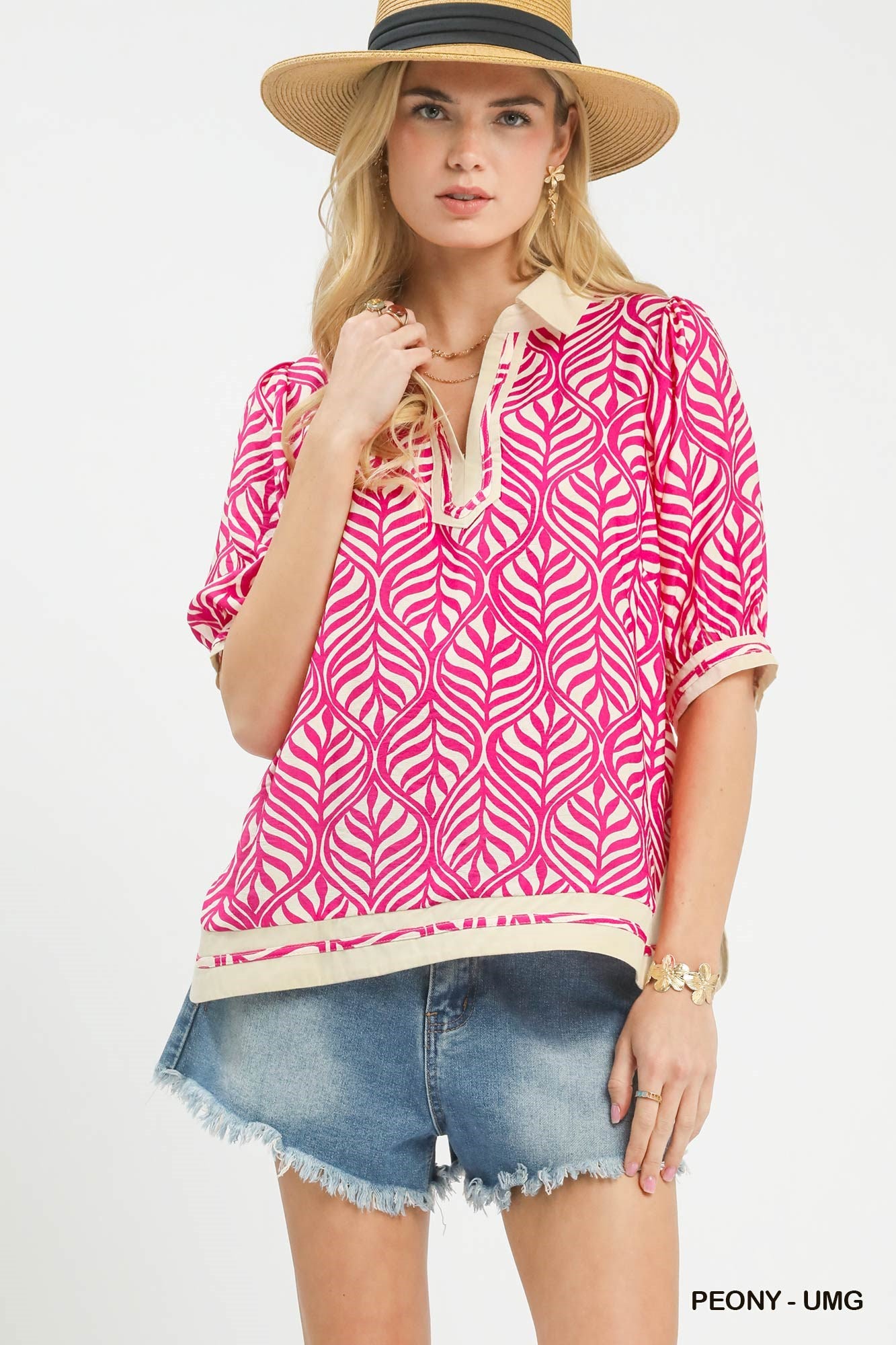 UMGEE - Geometric Leaf Print Popover Top