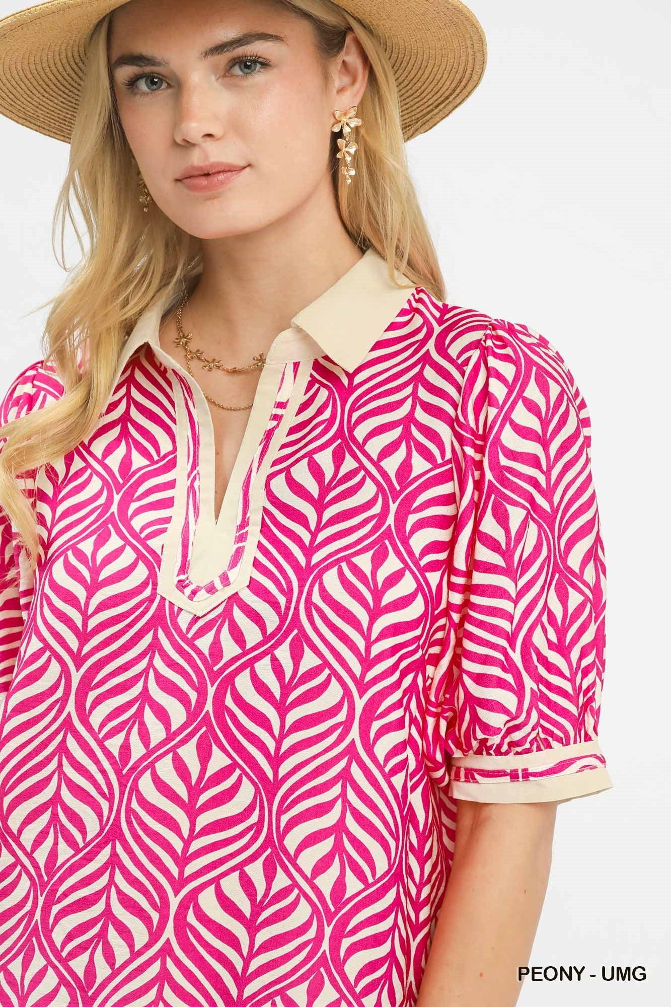 UMGEE - Geometric Leaf Print Popover Top