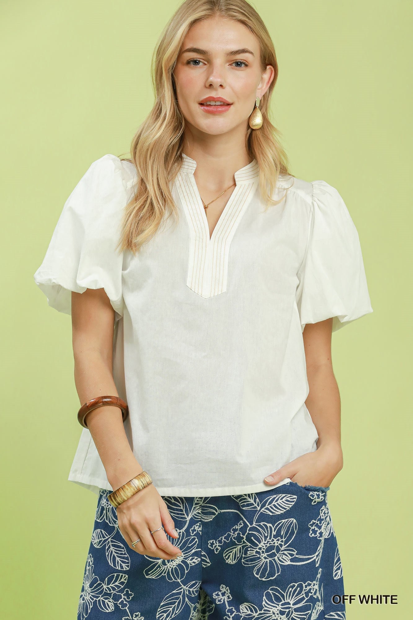 UMGEE - Solid Puff Sleeve Neck Top