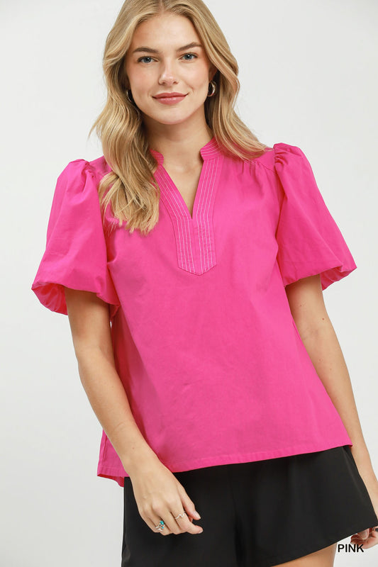 UMGEE  Solid Puff Sleeve Neck Top