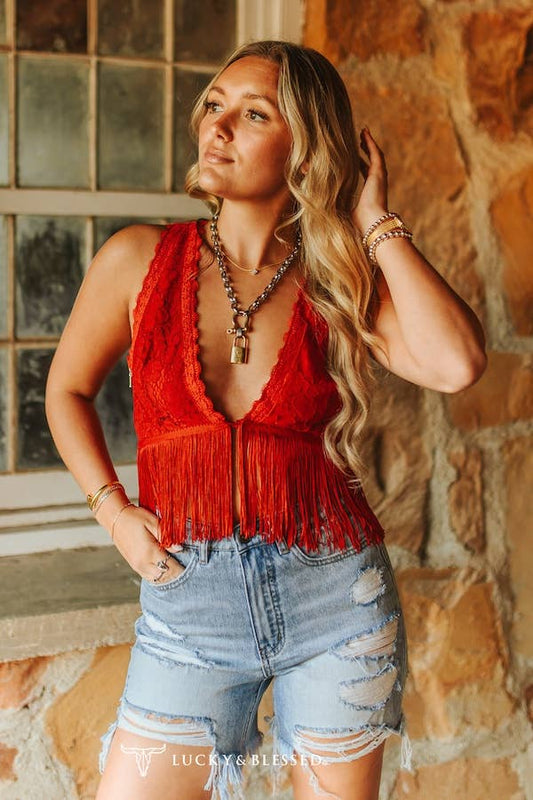 Lucky & Blessed - Red Lace Fringe Hem Crop Top