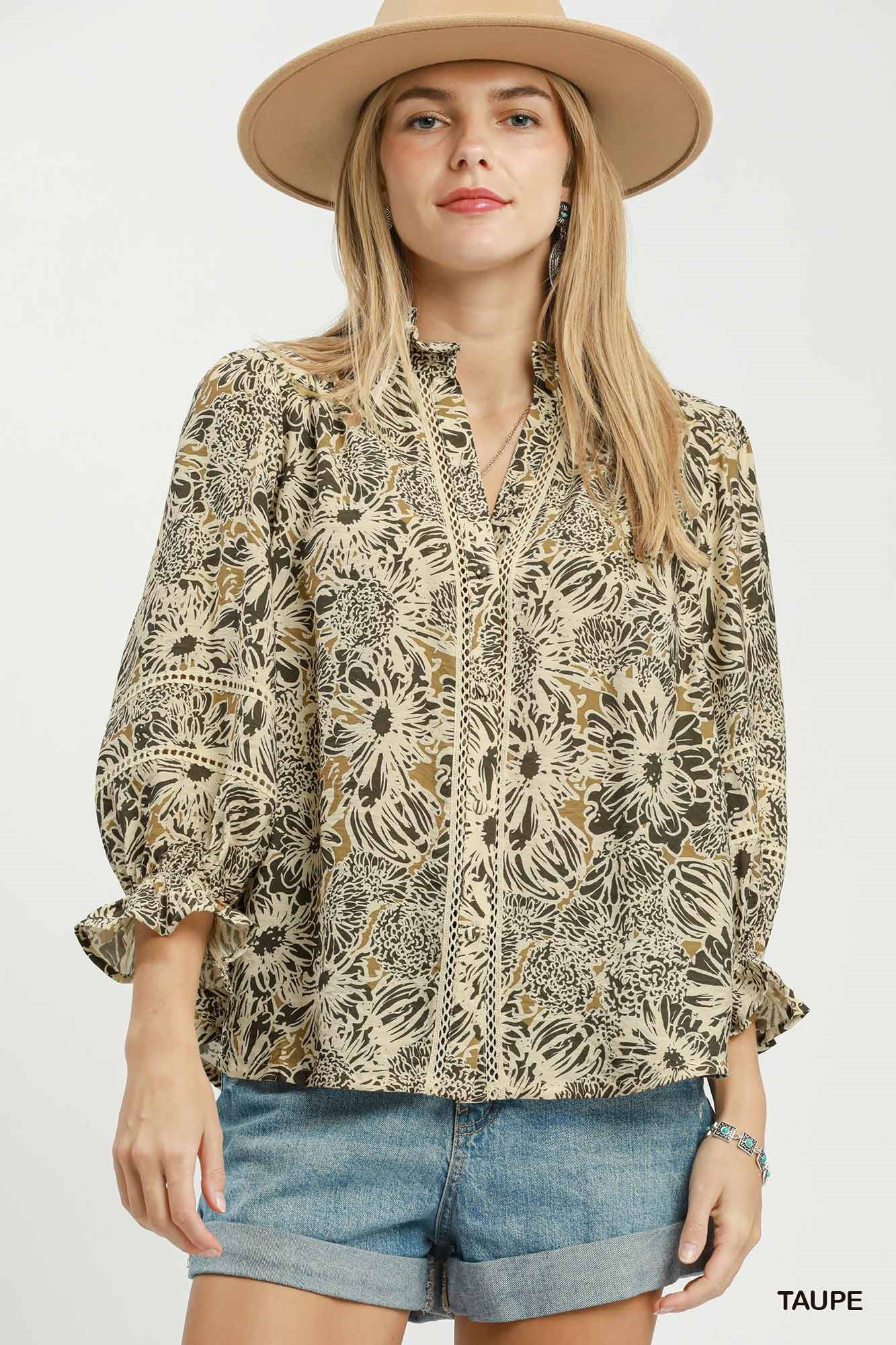 Umgee Plus Size Floral Lace Trim Balloon Sleeve Blouse