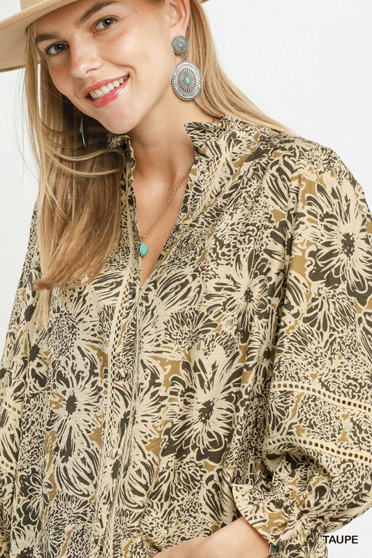 Umgee Plus Size Floral Lace Trim Balloon Sleeve Blouse