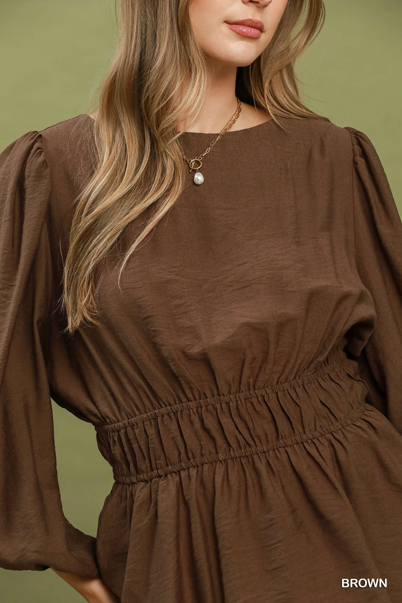 Umgee Smocked Waist Long Sleeve Peplum Blouse