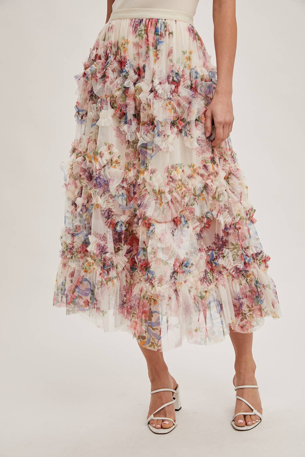 FLORAL RUFFLED MESH MIDI SKIRT Bluivy