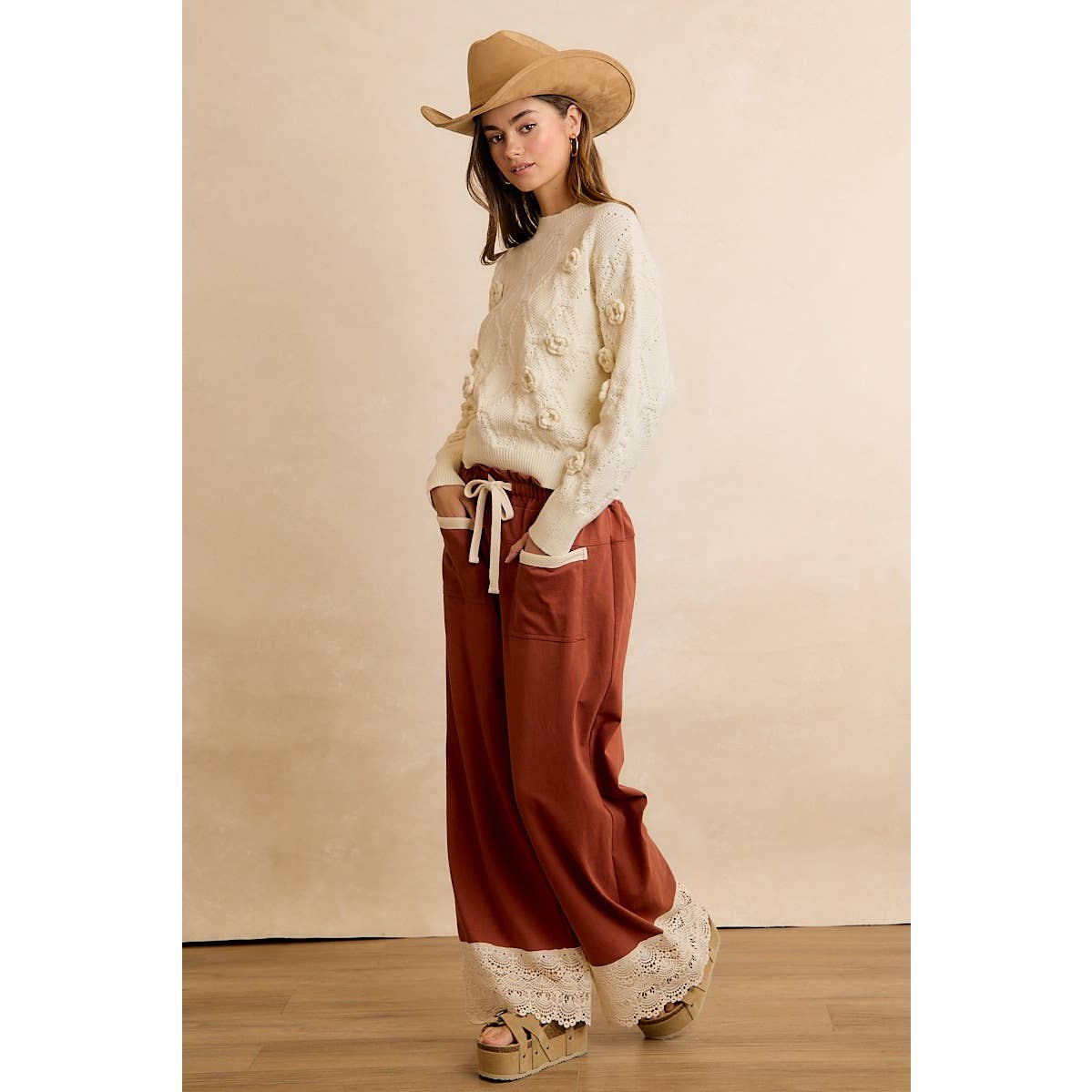 BiBi Solid Cotton Pants with Lace-Trimmed Hem