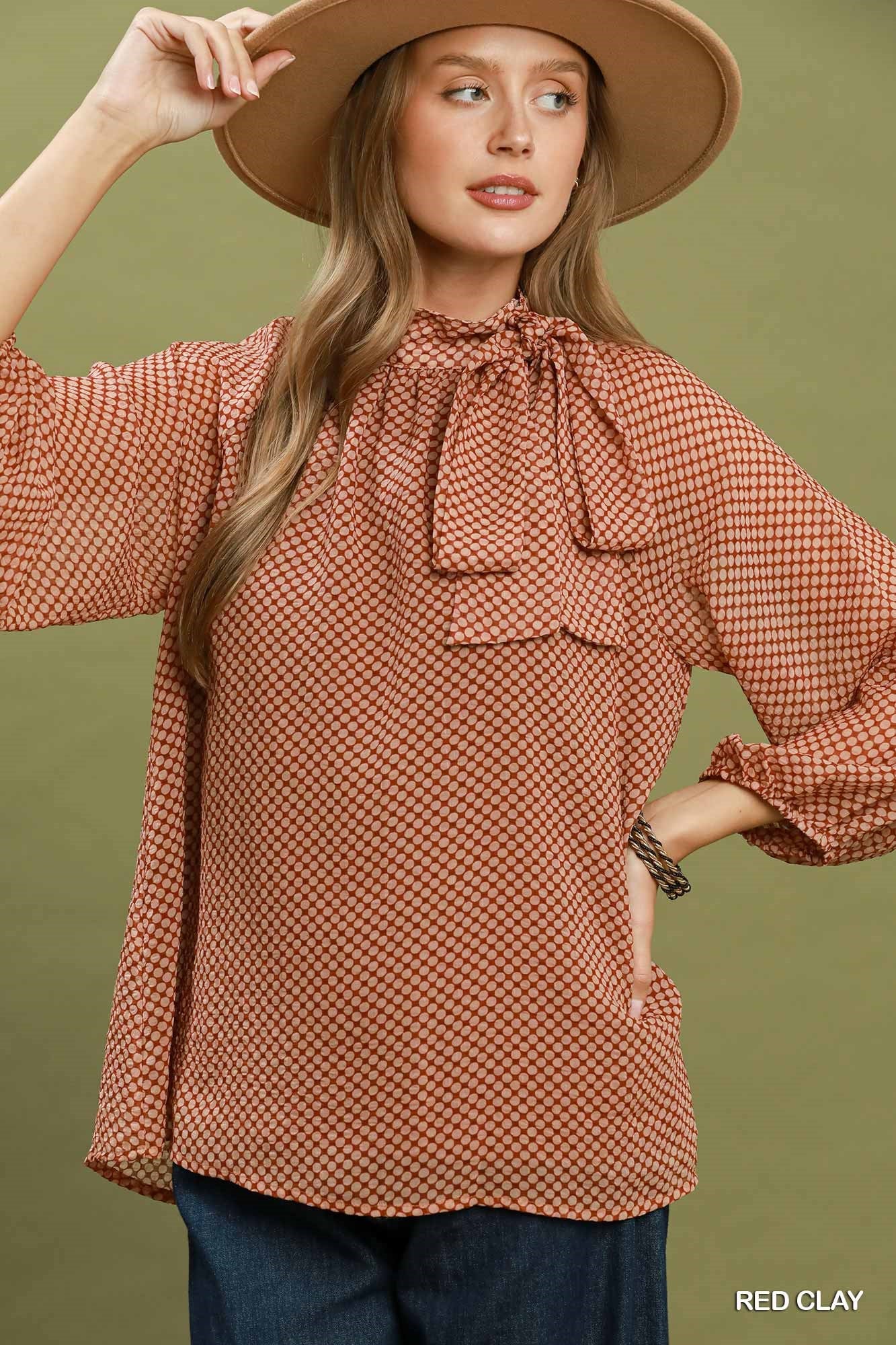 Umgee Polka Dot Tie Neck Balloon Sleeve Blouse