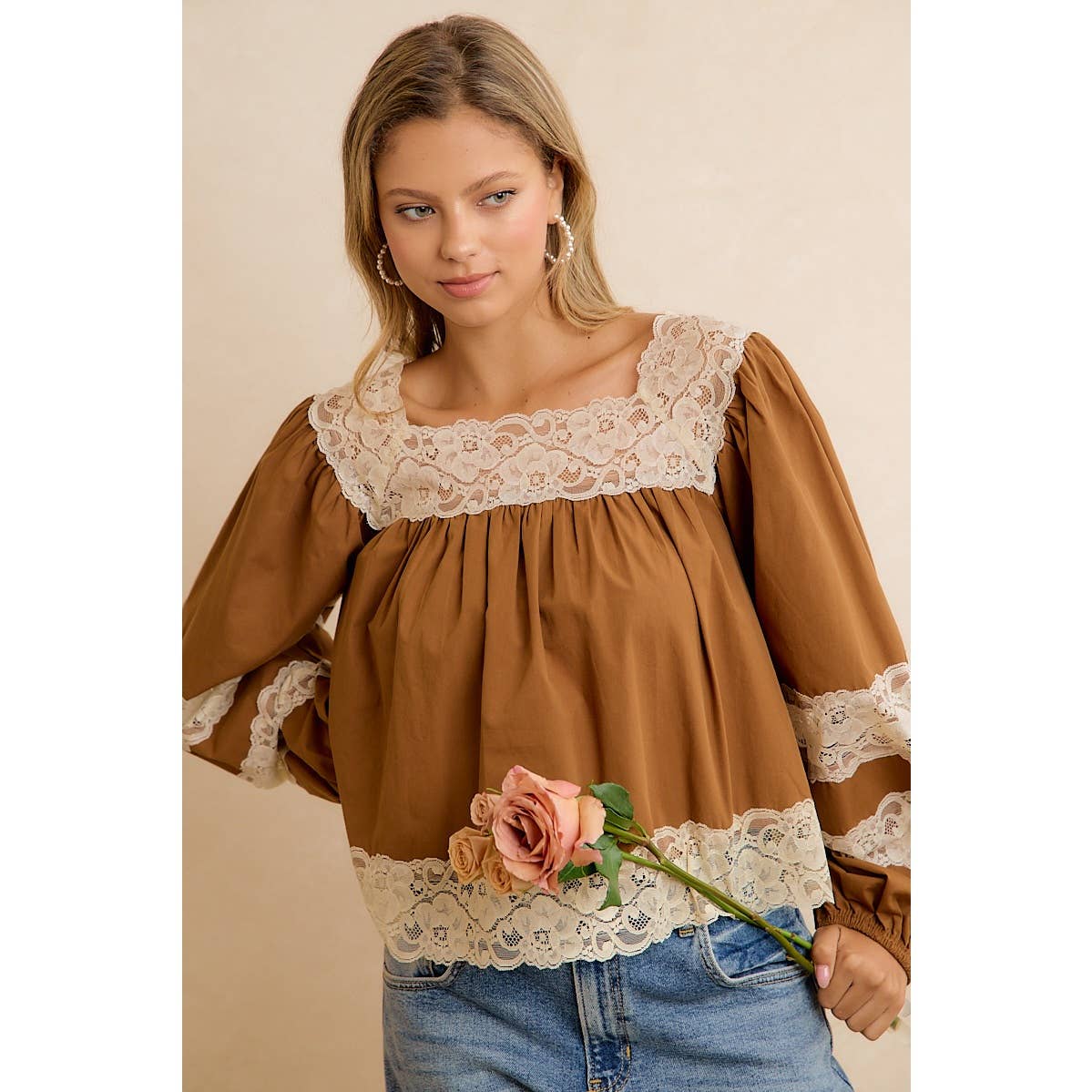 BiBi Camel Lace-Trim Balloon Sleeve Blouse