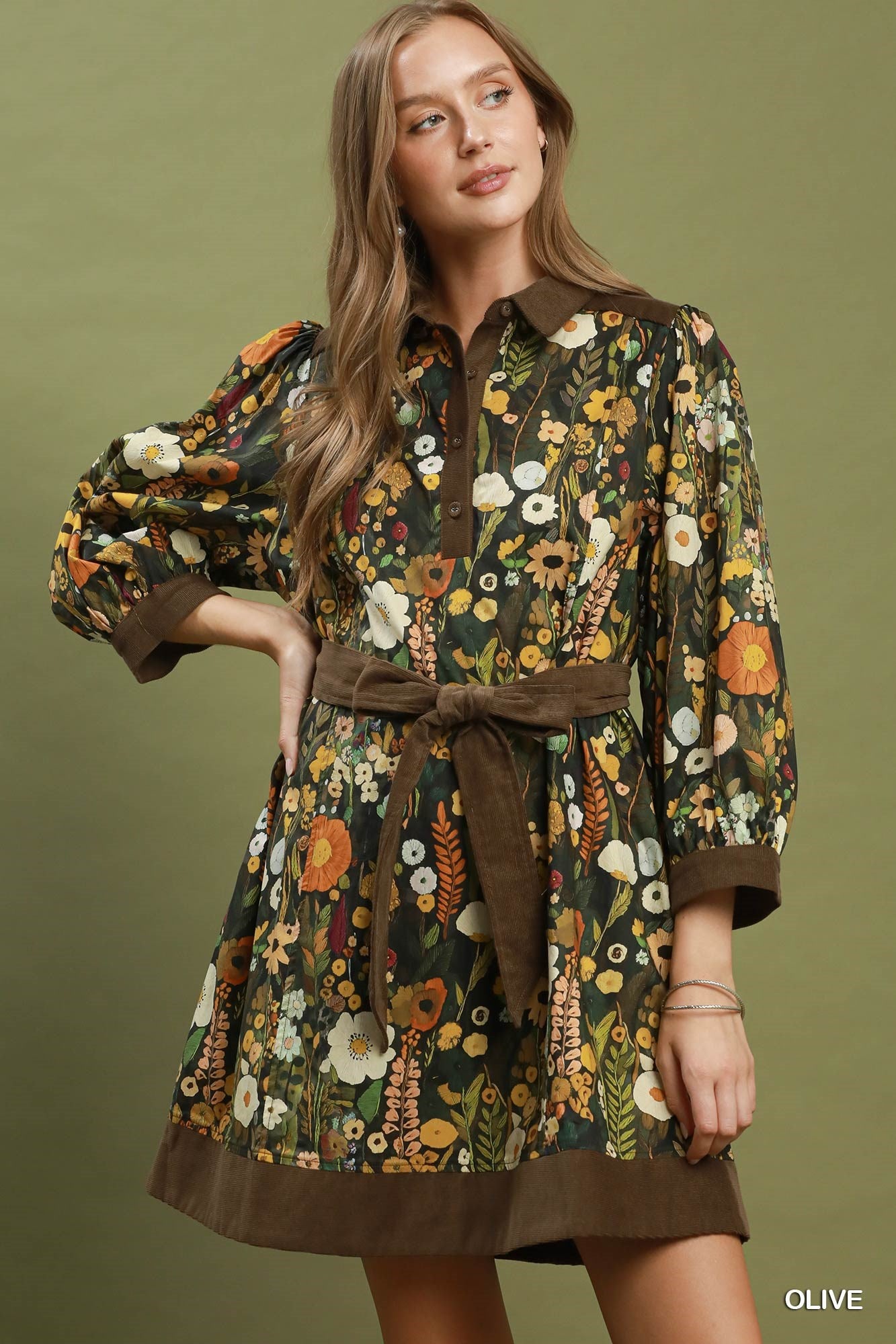 Umgee Olive Floral Puff Sleeve Mini Dress