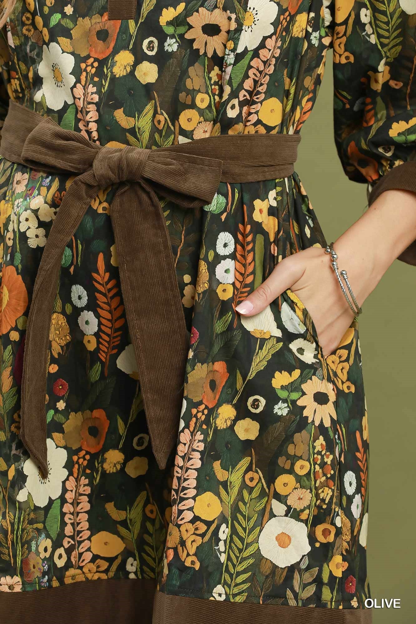 Umgee Olive Floral Puff Sleeve Mini Dress